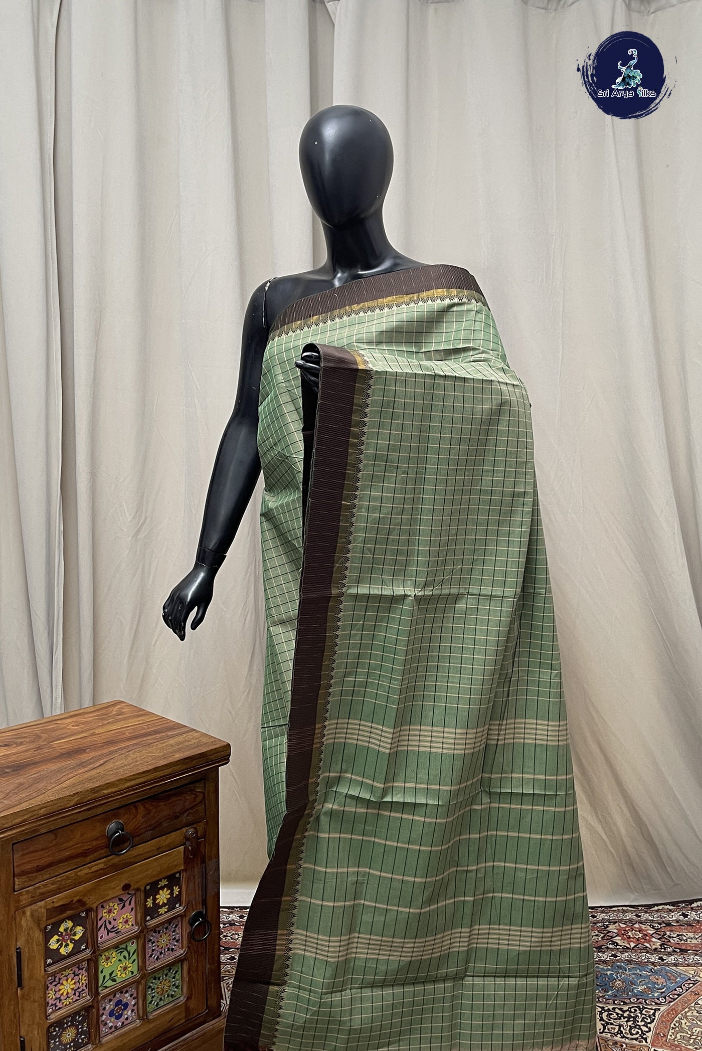 Pastel Green Chettinad Cotton Saree With Checked Pattern