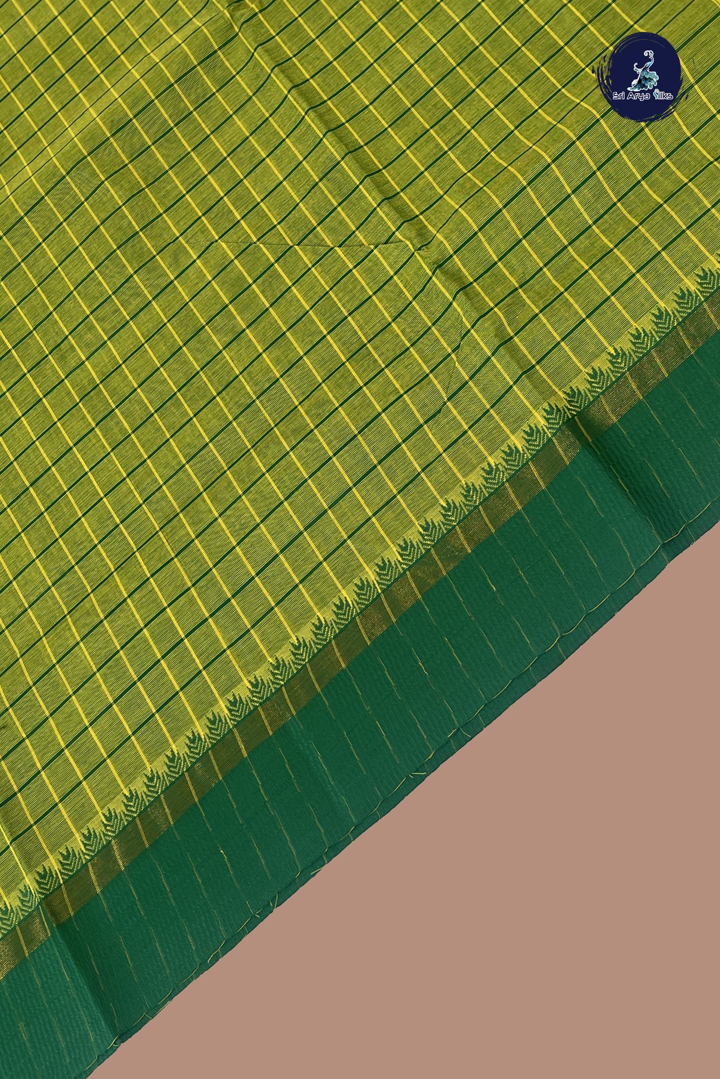 Light Green Chettinad Cotton Saree With Checked Pattern