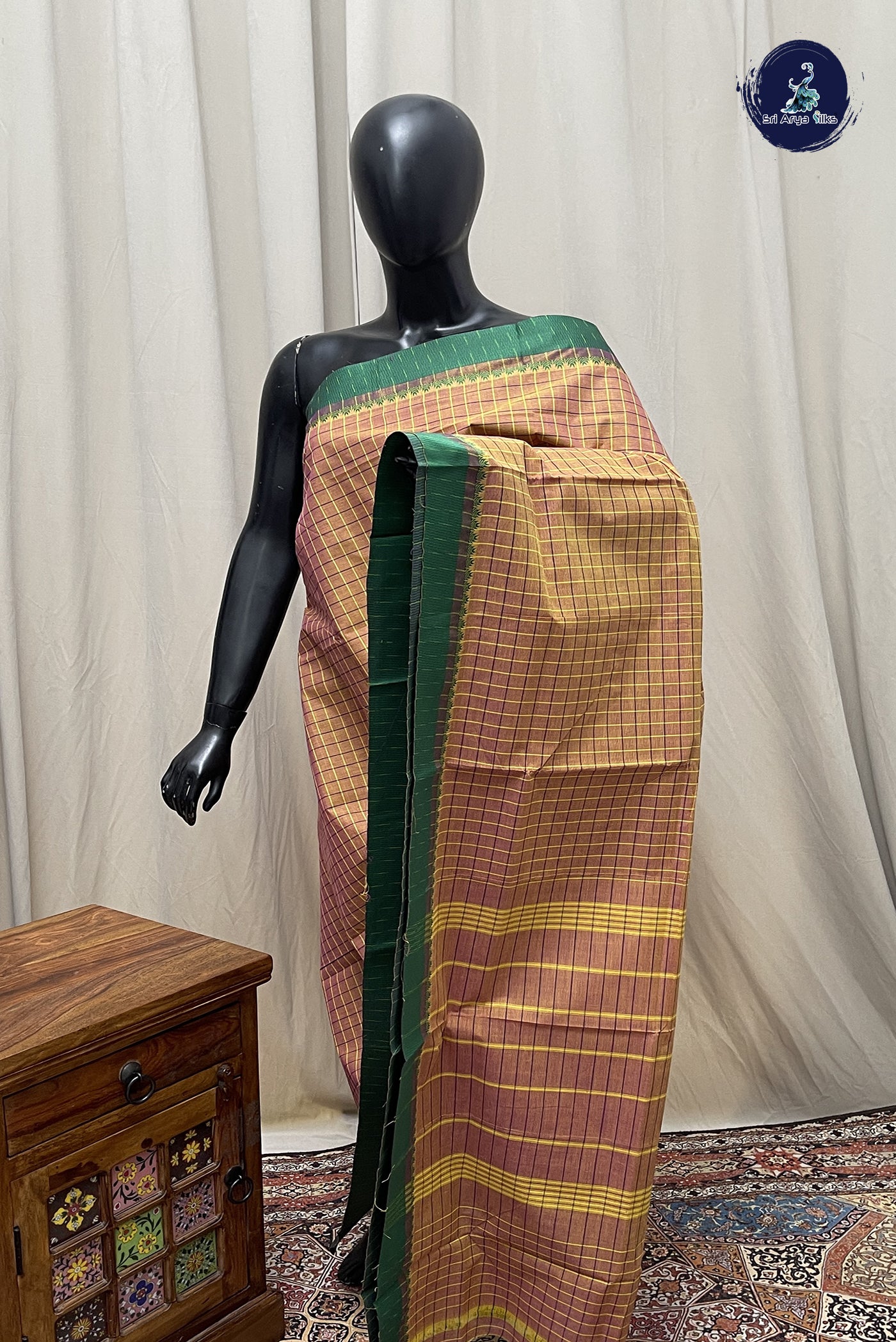 Mustard Chettinad Cotton Saree With Checked Pattern