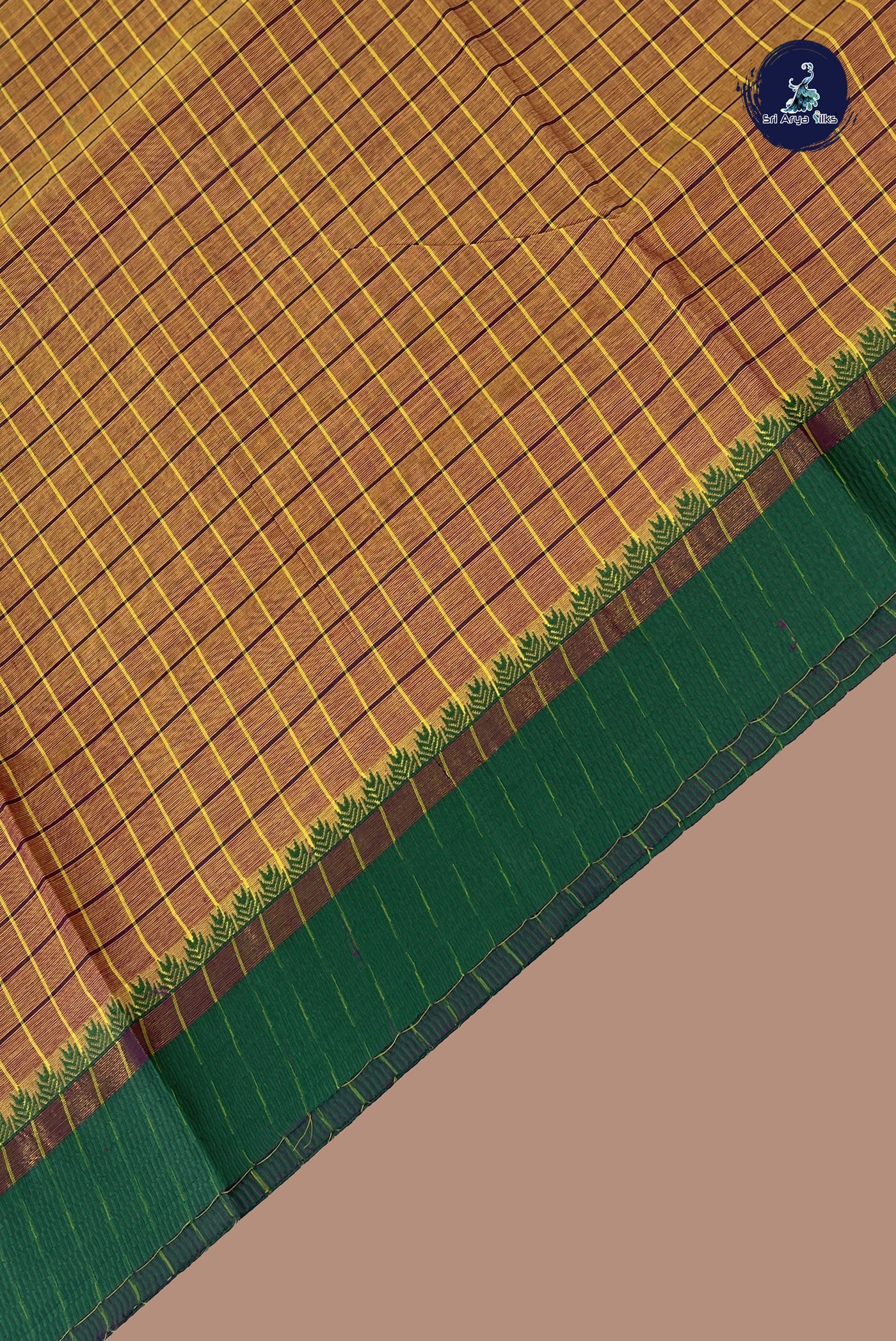 Mustard Chettinad Cotton Saree With Checked Pattern