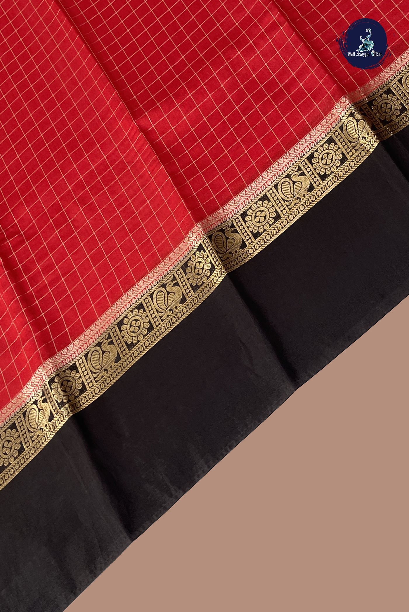 Red Semi Mysore Silk With Zari Checked Pattern