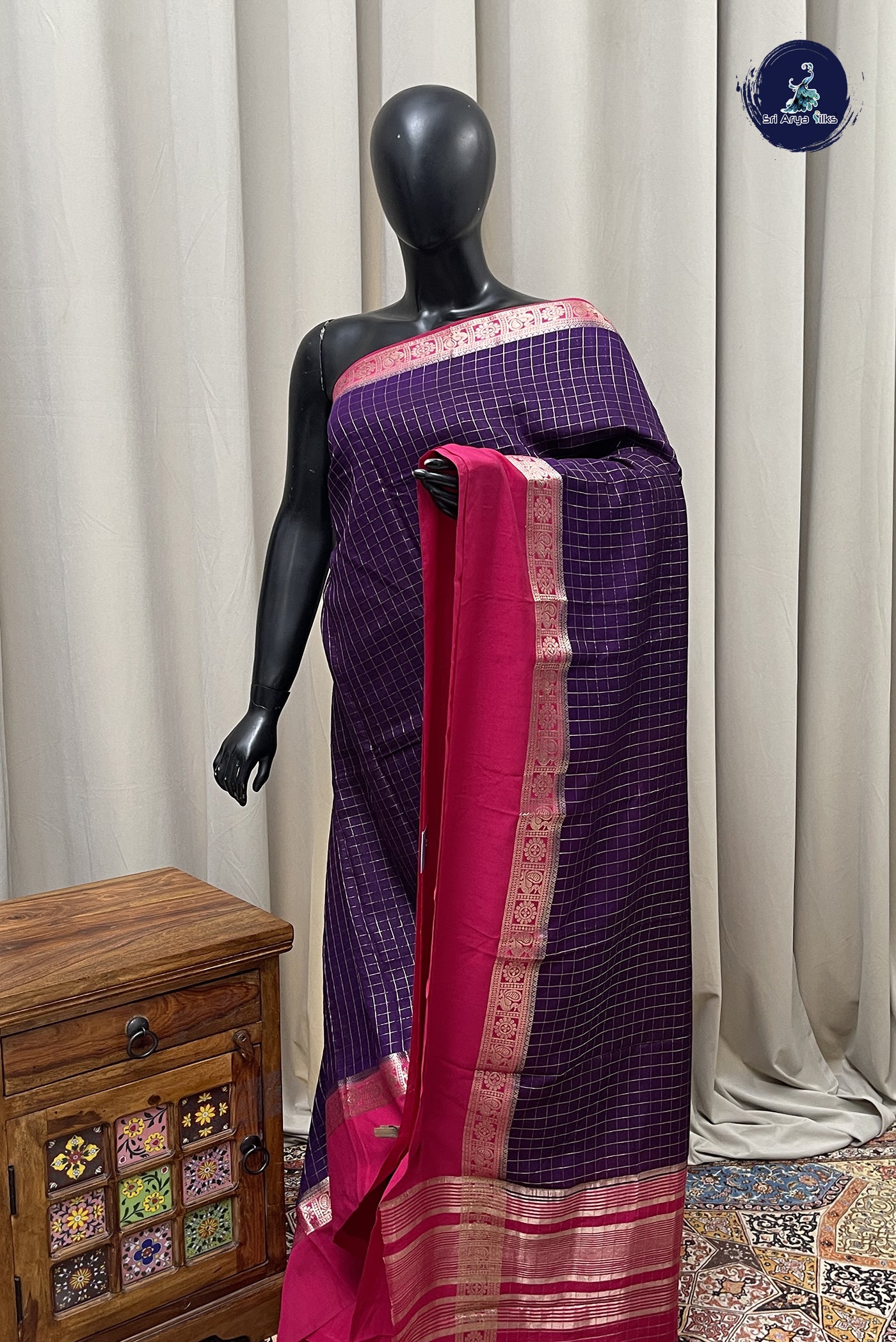 Jamun Semi Mysore Silk With Zari Checked Pattern