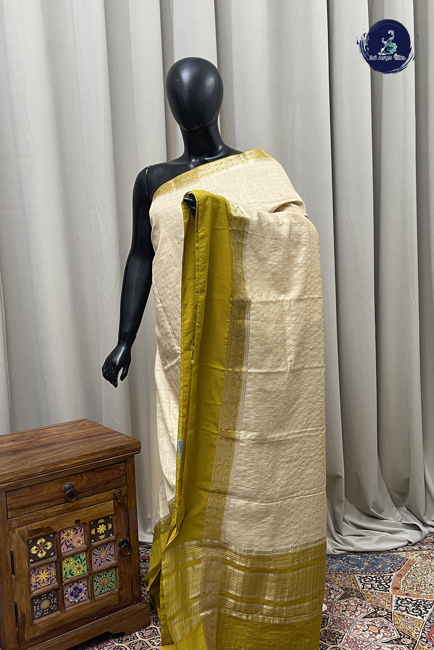 Fawn Semi Mysore Silk With Zari Checked Pattern