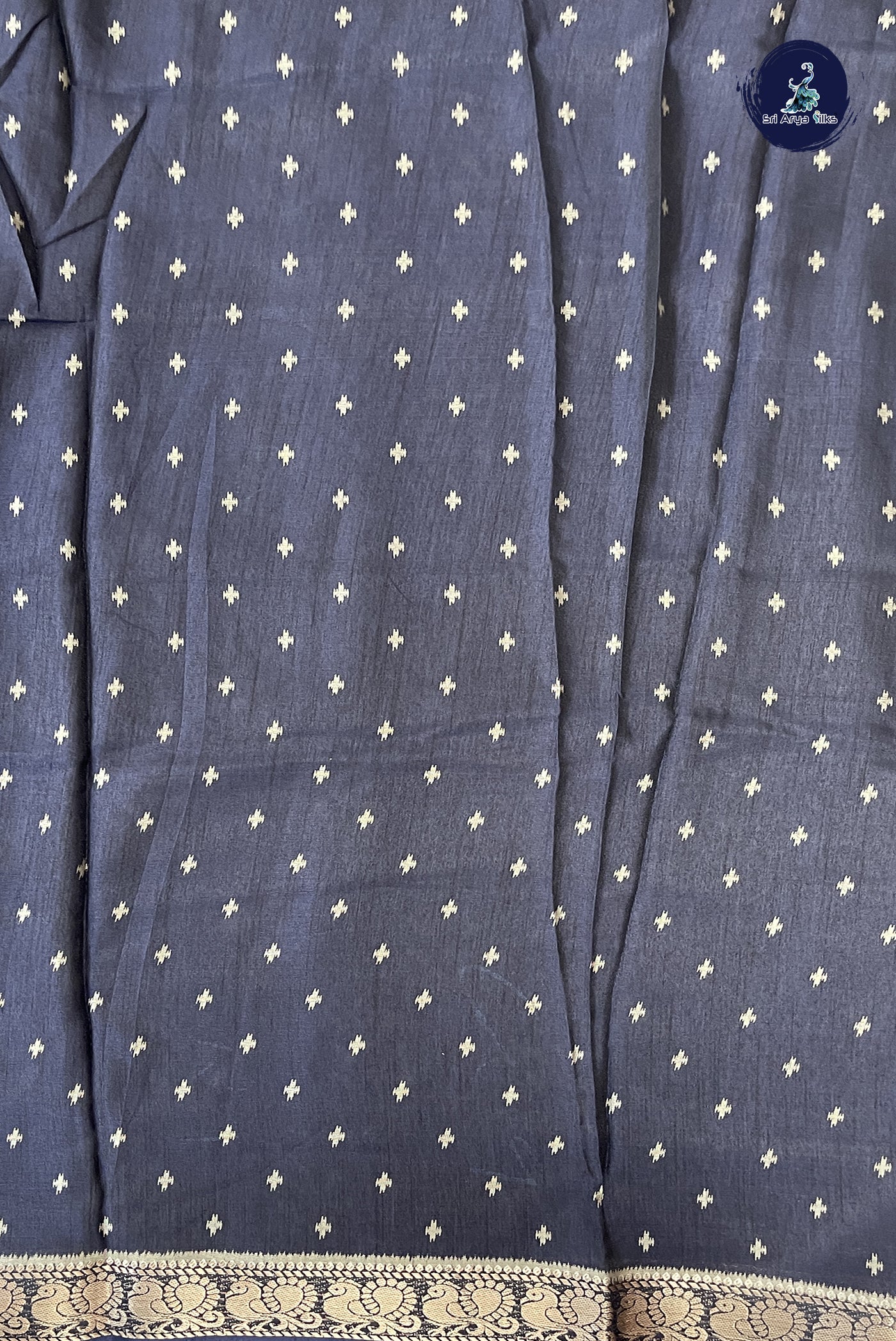 Navy Blue Semi Crepe Silk Saree With Floral Print Pattern