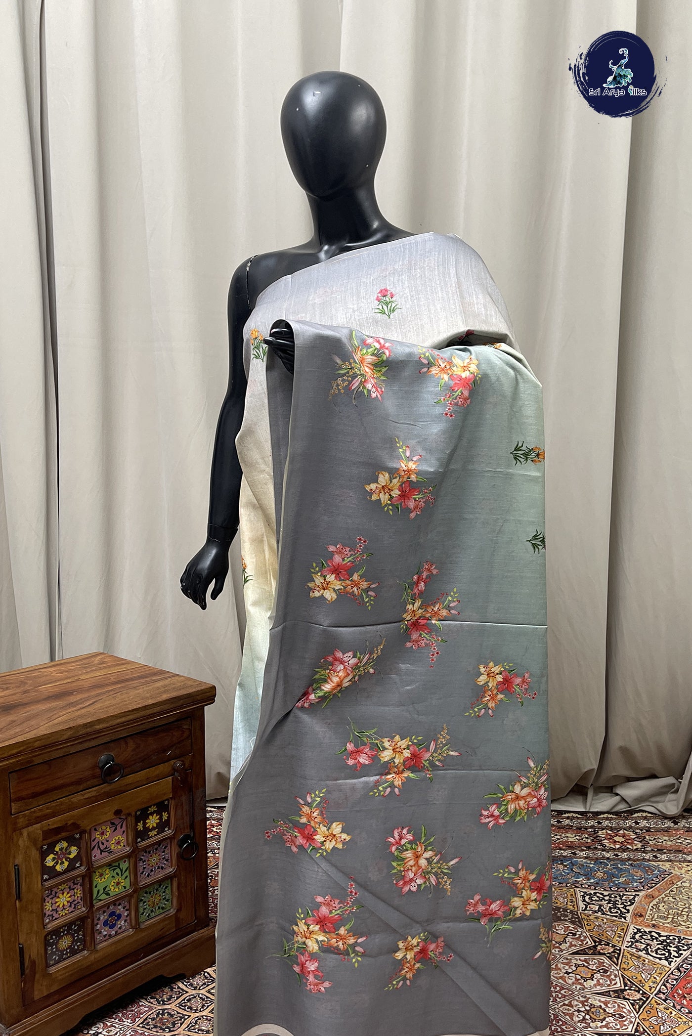 Cream Shade Semi Tussar Saree with printed pattern