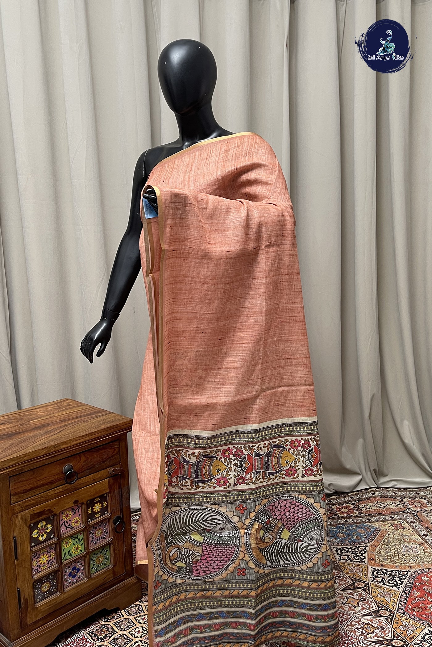 Light Brown Linen Saree With Madhubani  Pattern