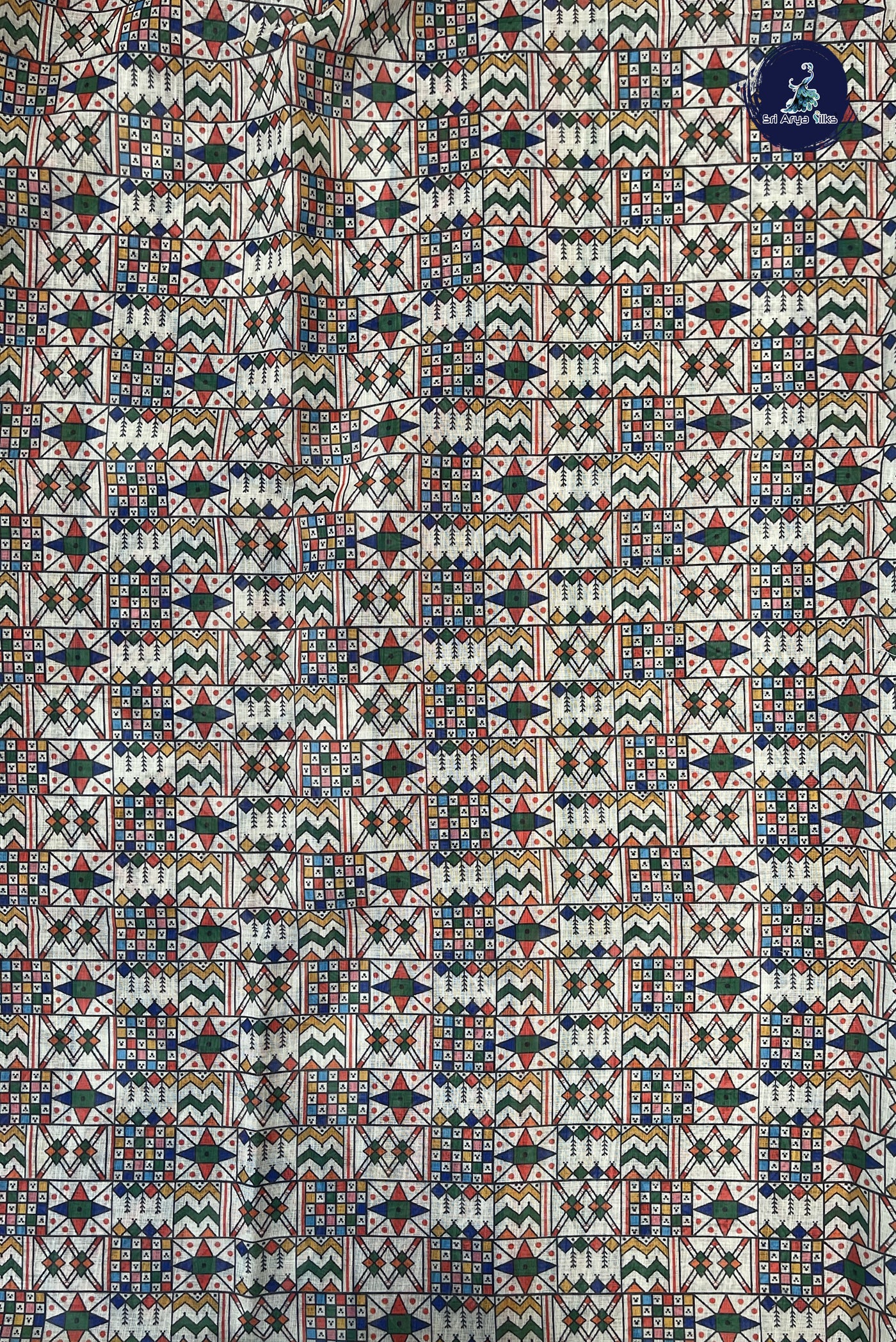 Emerald Green Linen Saree With Madhubani  Pattern