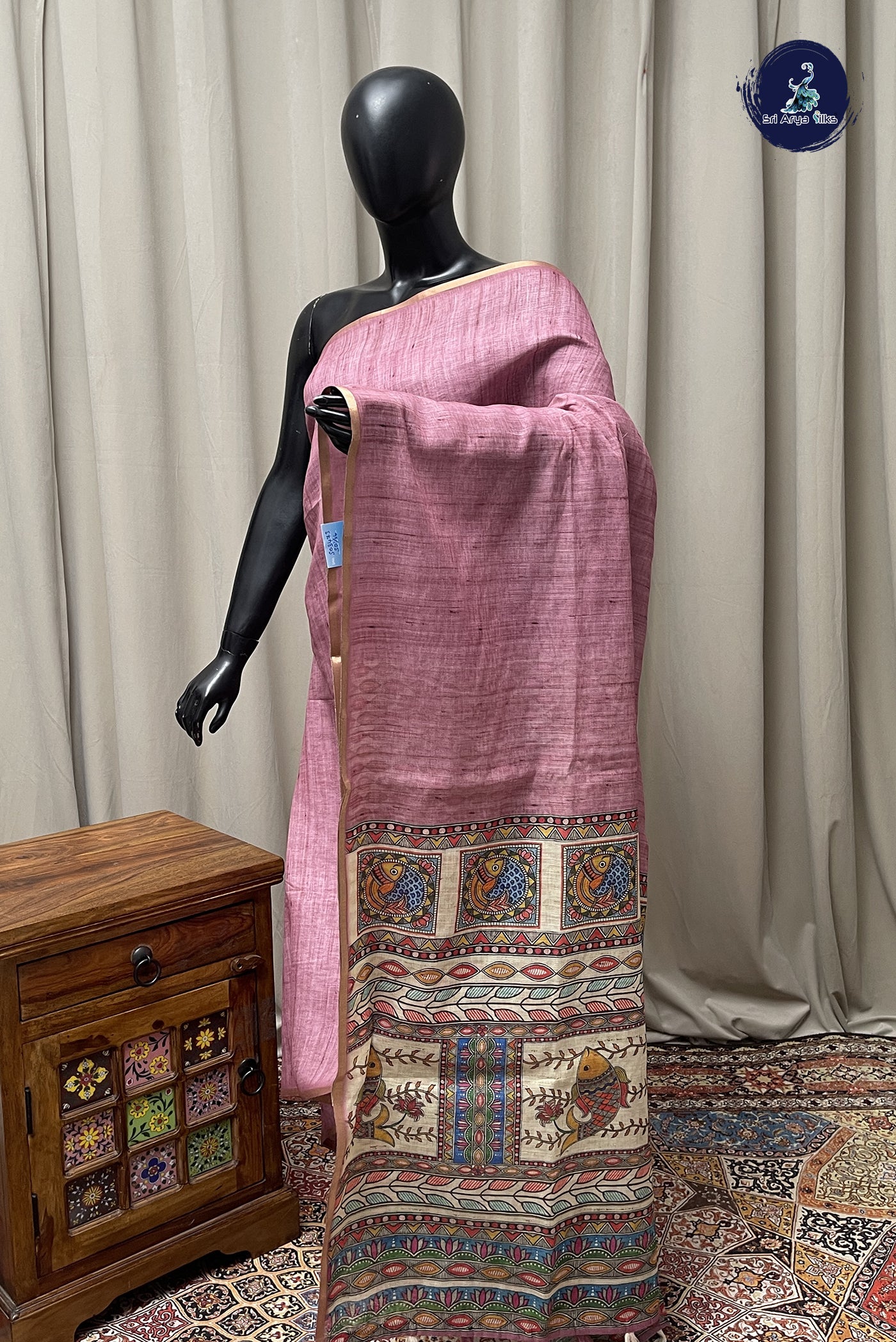 Pink Linen Saree With Madhubani  Pattern