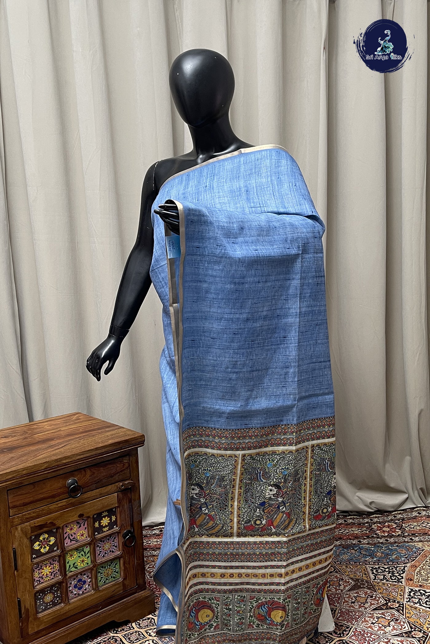 Blue Linen Saree With Madhubani  Pattern