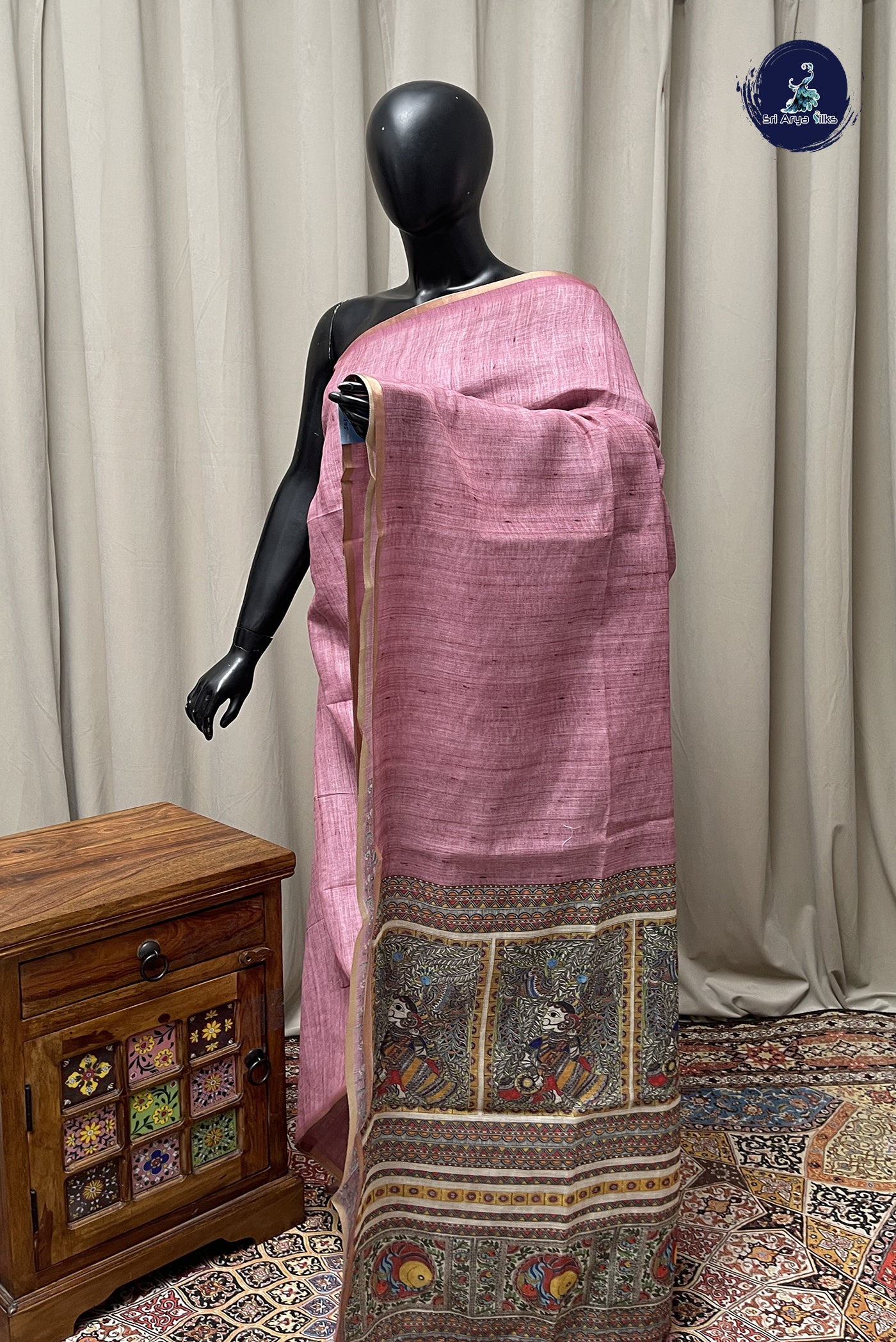 Pink Linen Saree With Madhubani  Pattern