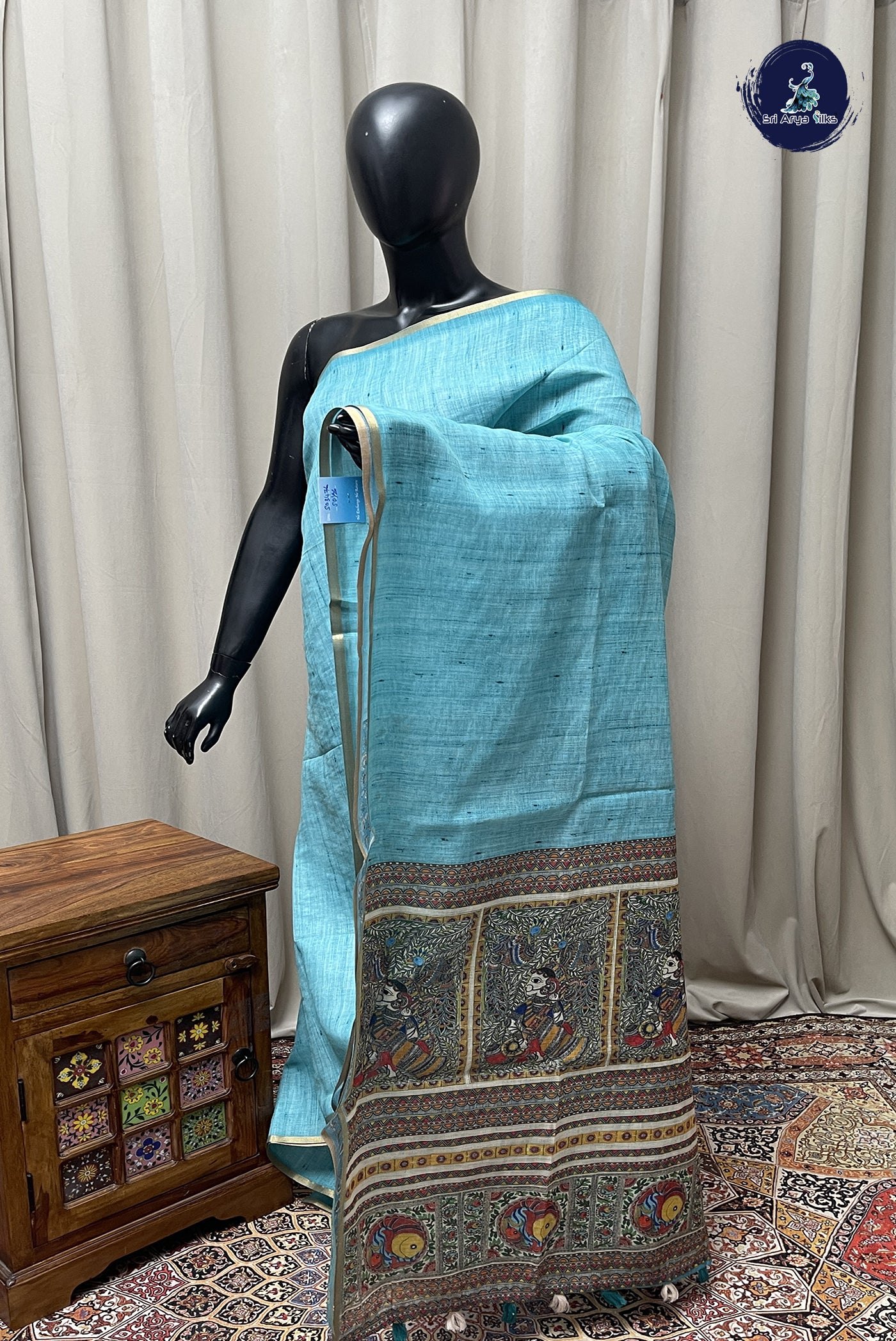 Turquoise Linen Saree With Madhubani  Pattern