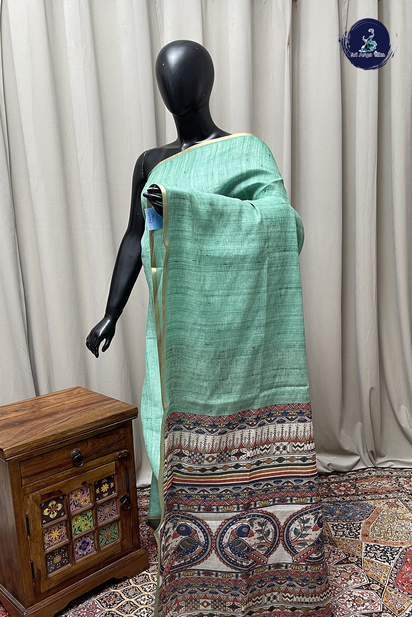 Green Linen Saree With Madhubani  Pattern