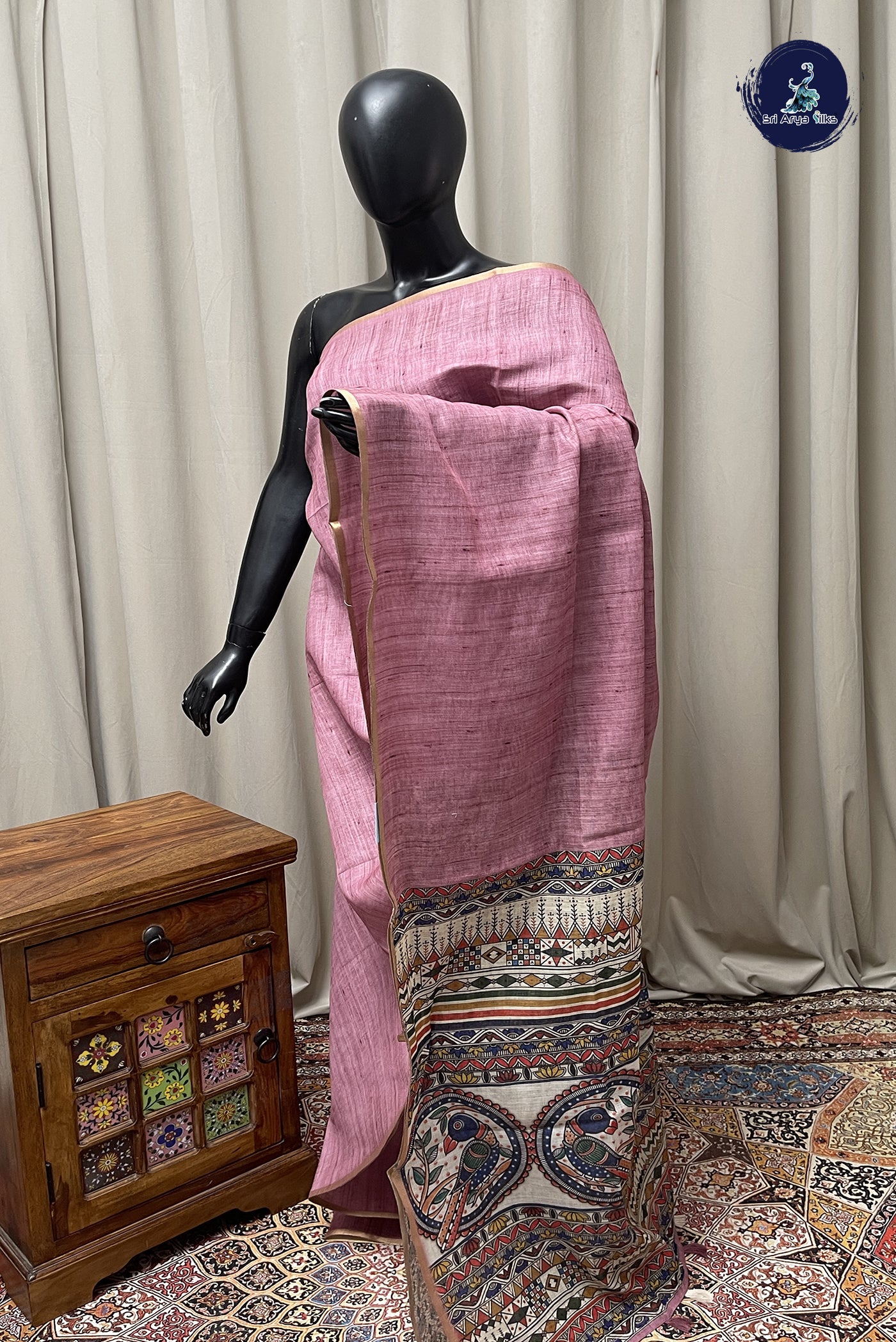 Mauve Pink Linen Saree With Madhubani  Pattern