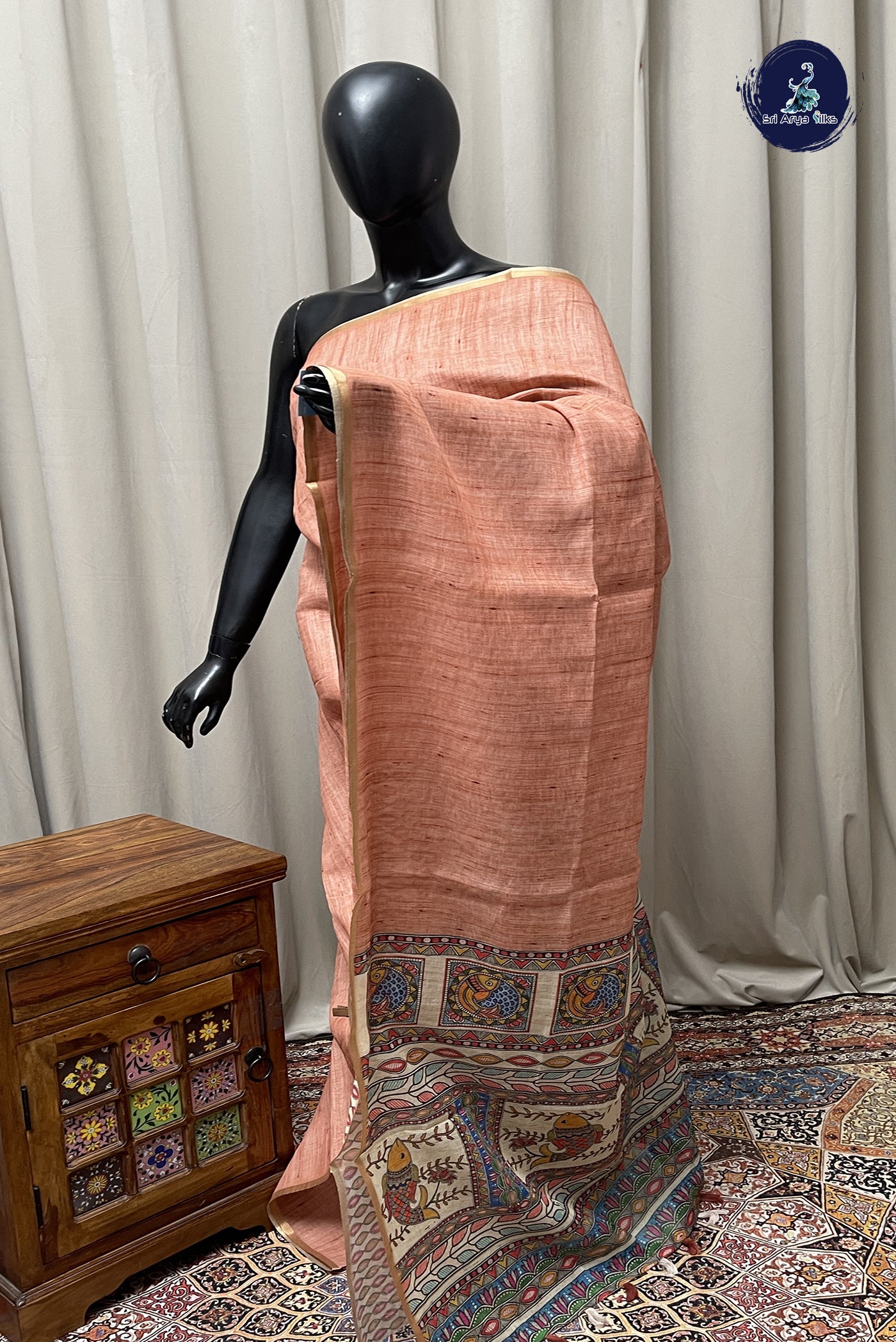 Light Brown Linen Saree With Madhubani  Pattern