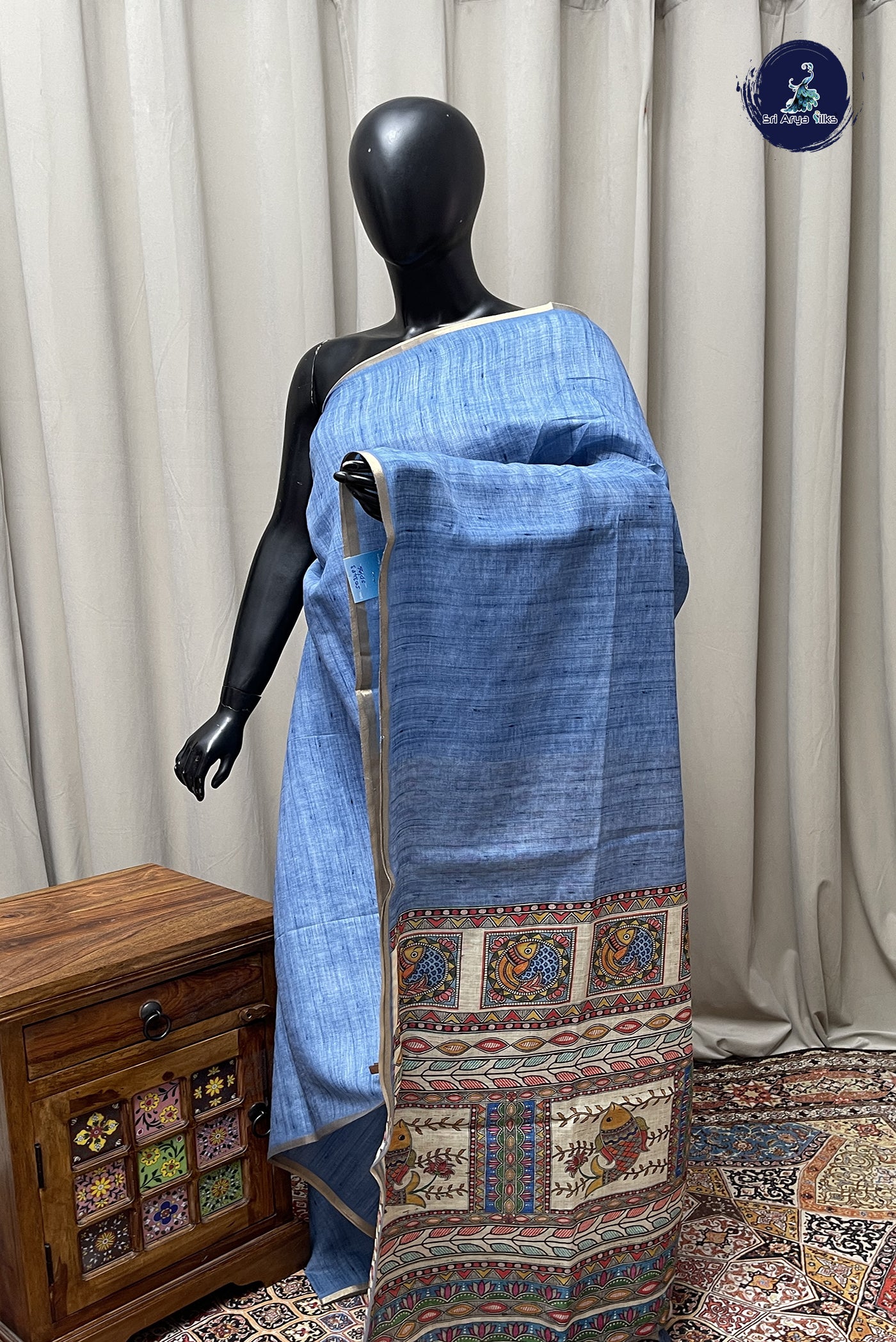 Blue Linen Saree With Madhubani  Pattern