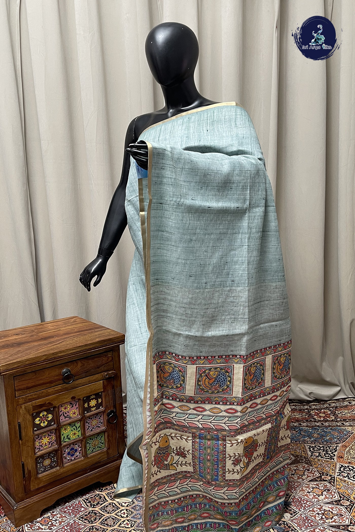 Emerald Green Linen Saree With Madhubani  Pattern