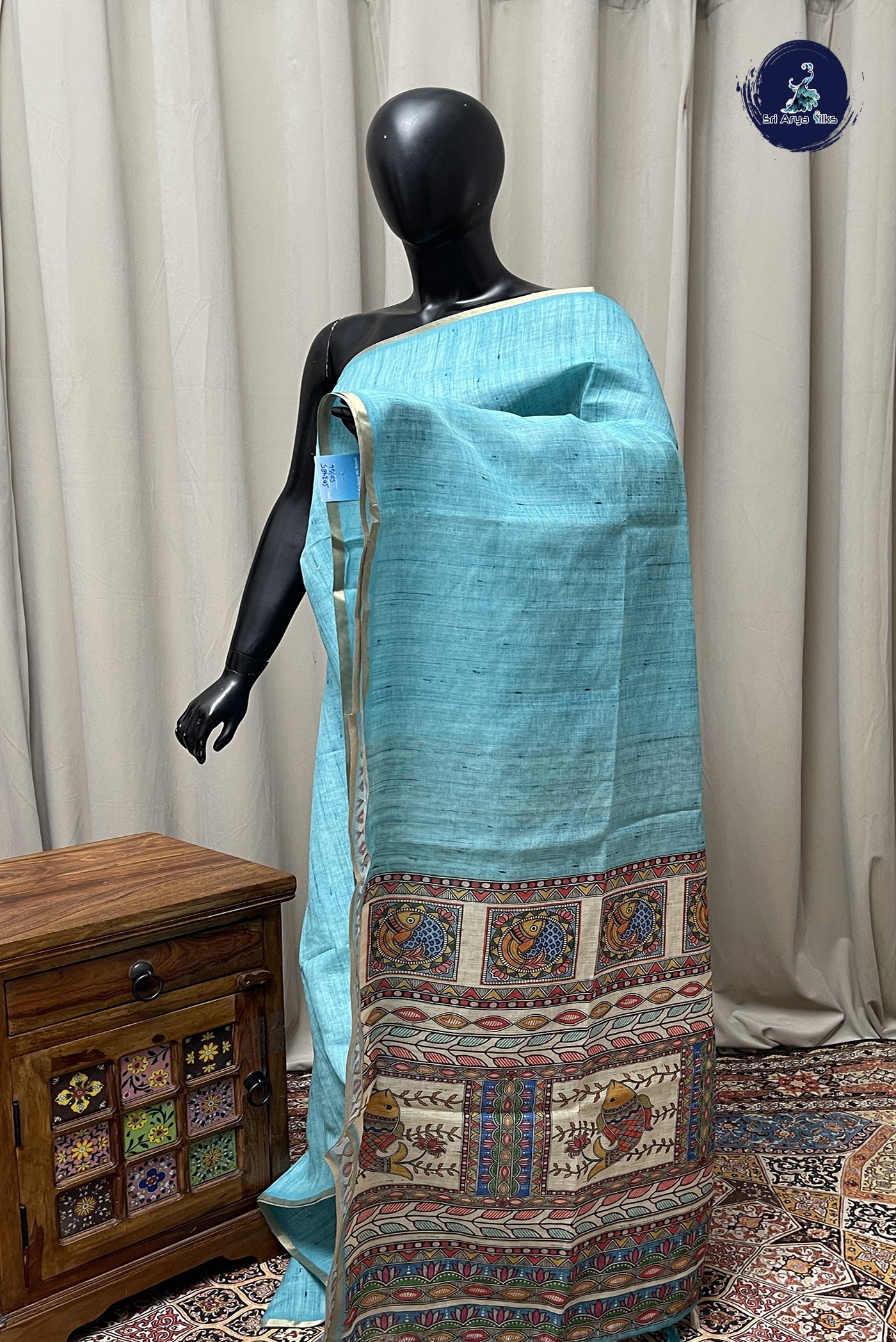 Powder Blue Linen Saree With Madhubani  Pattern