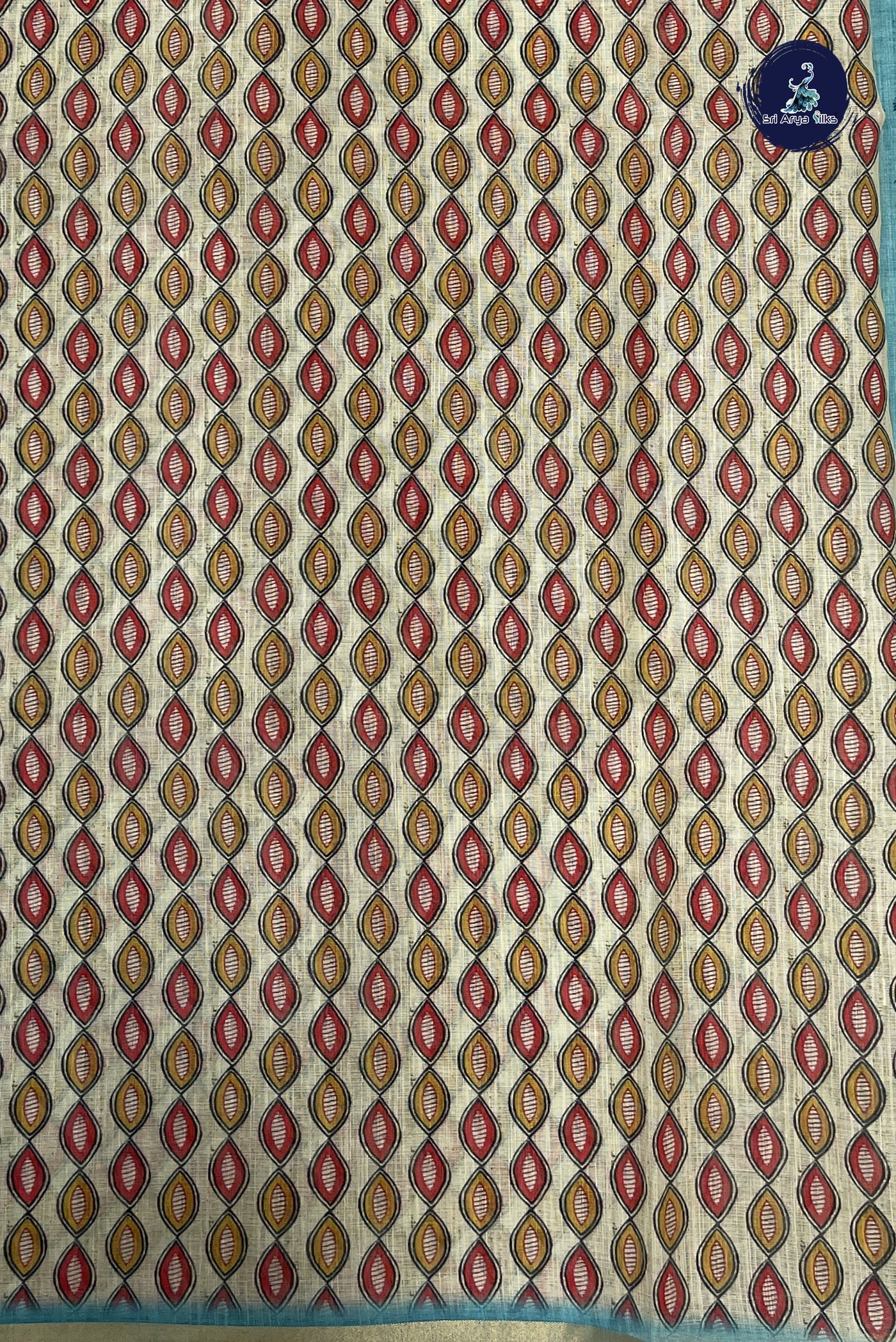 Powder Blue Linen Saree With Madhubani  Pattern