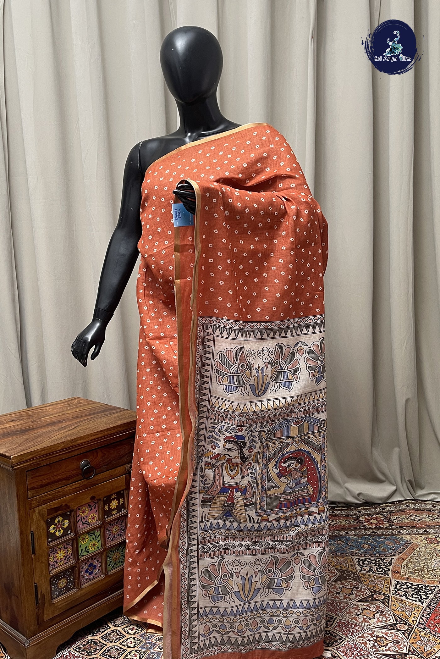 Rust Linen Saree With Madhubani  Pattern