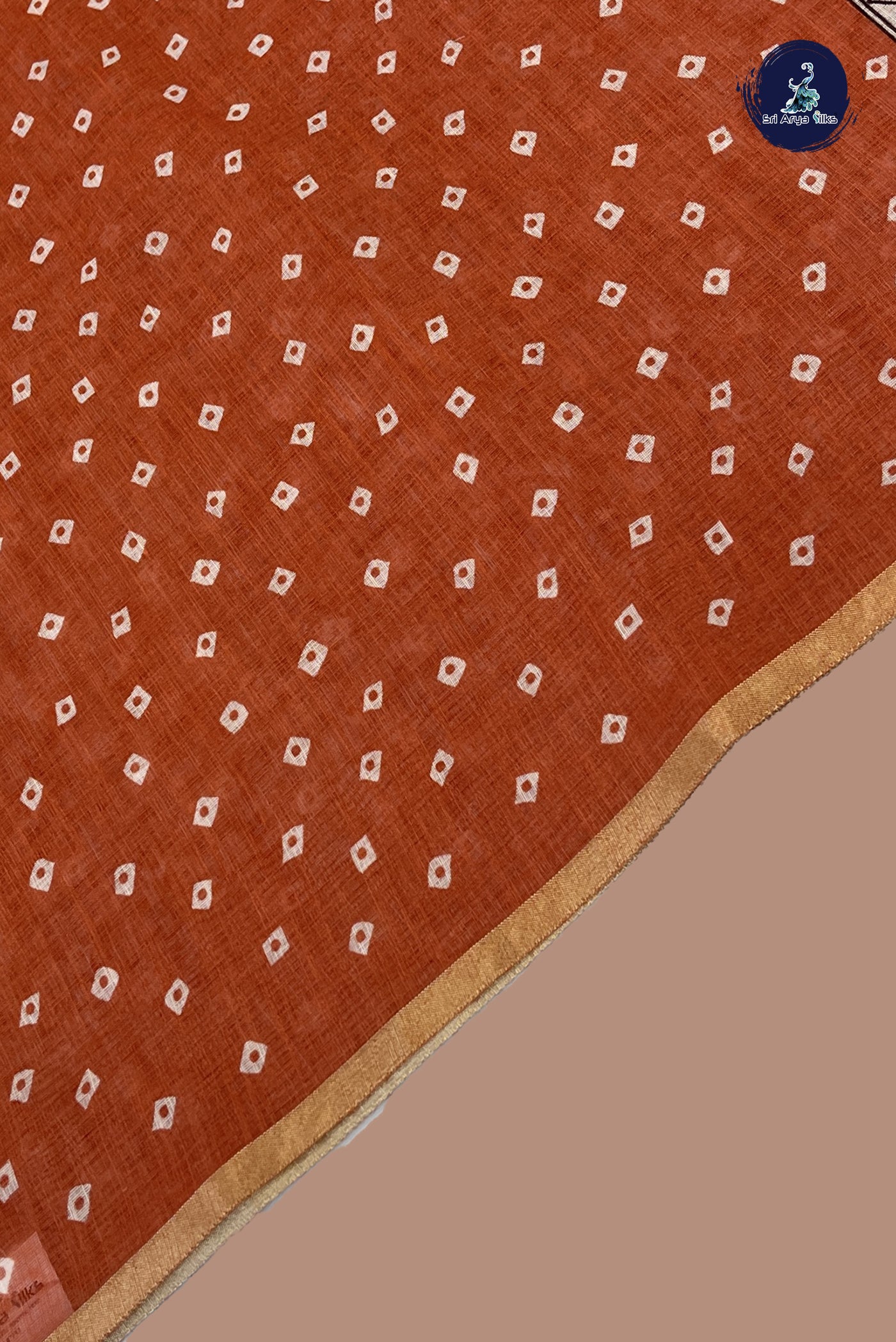 Rust Linen Saree With Madhubani  Pattern