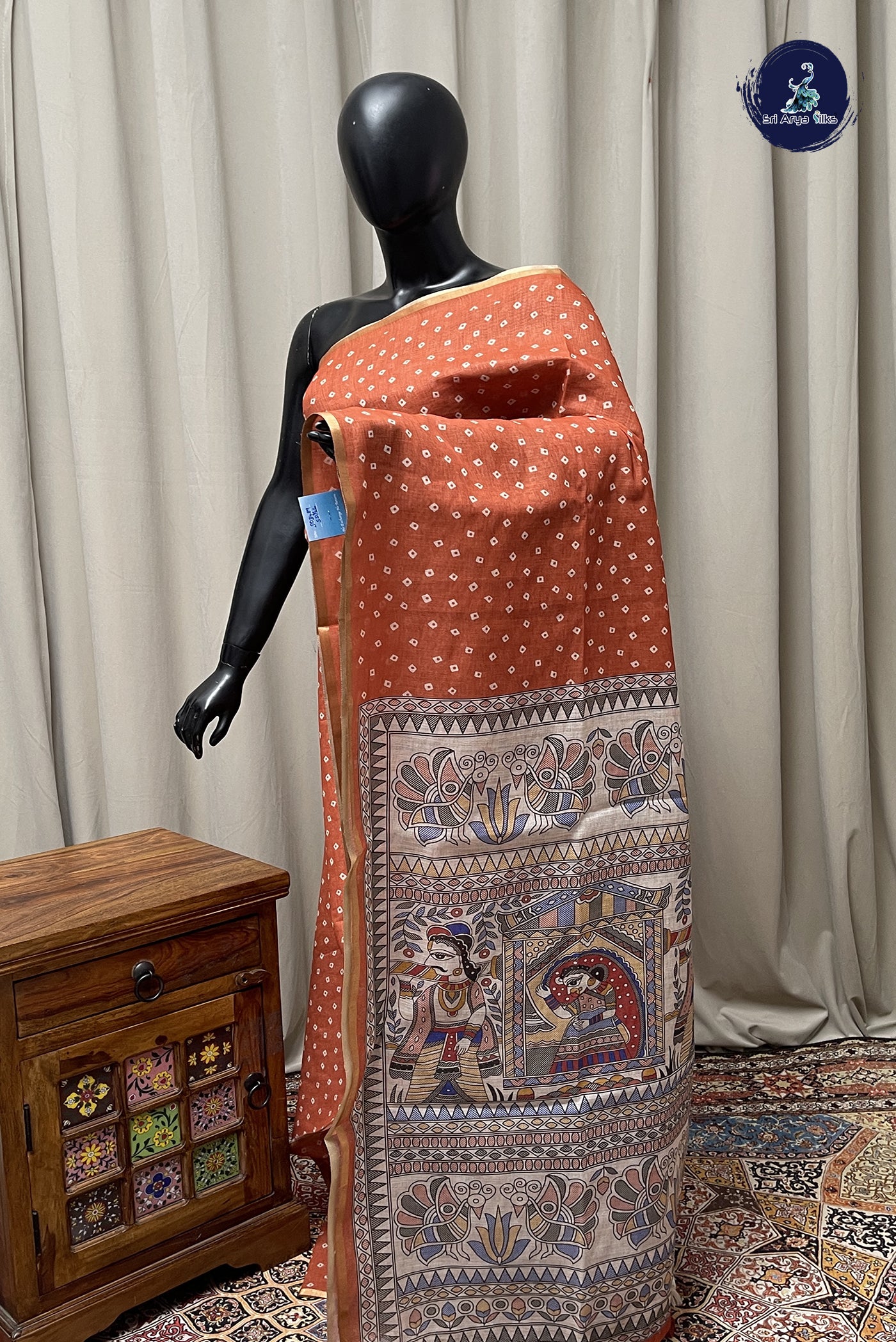Rust Linen Saree With Madhubani  Pattern