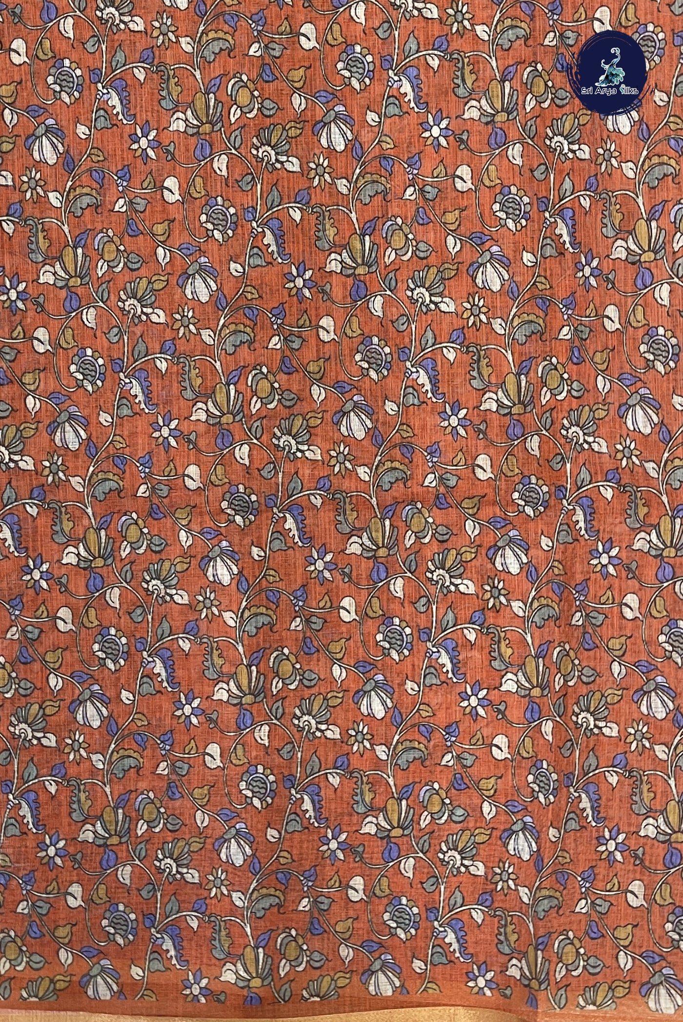 Rust Linen Saree With Madhubani  Pattern