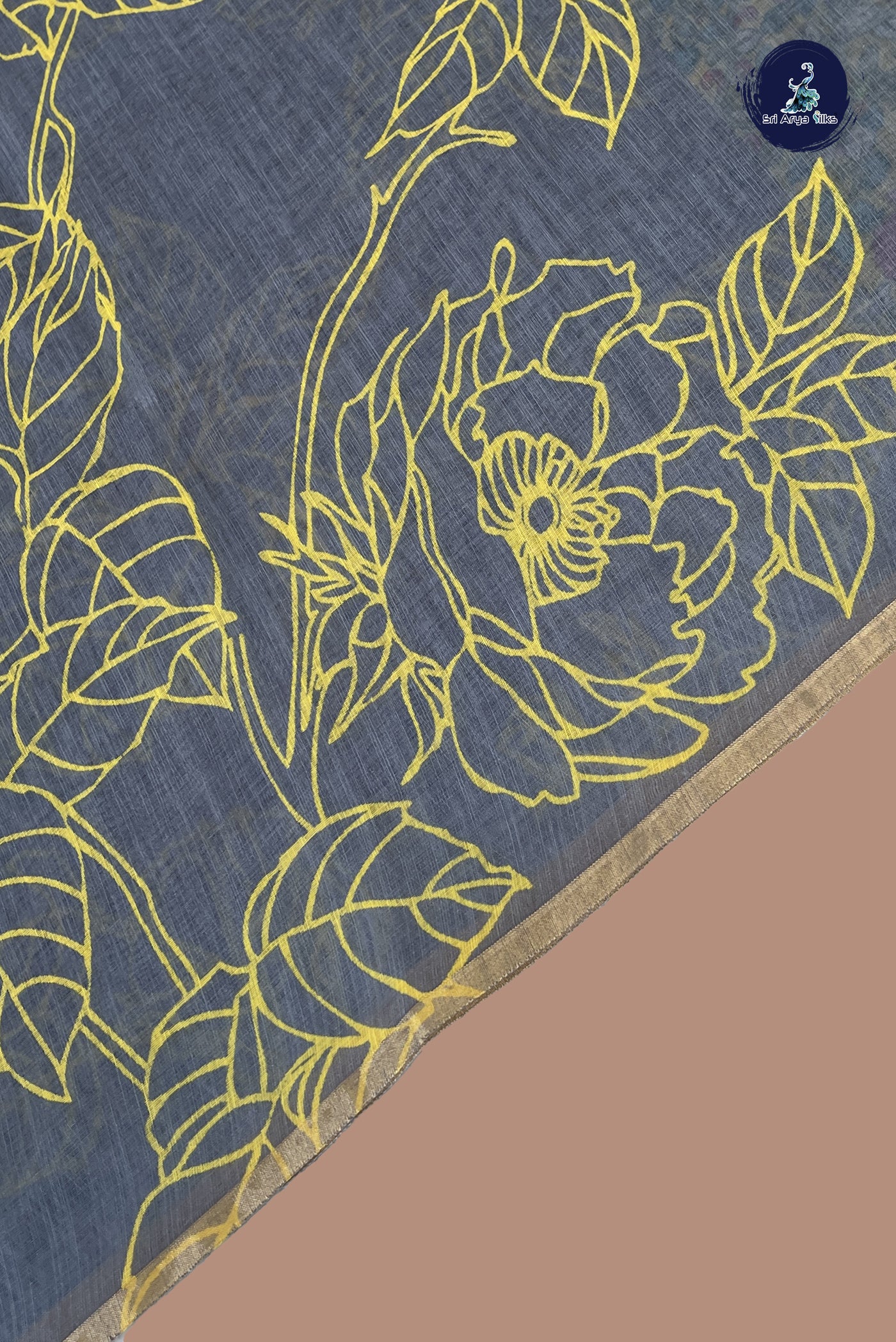 Grey Linen Saree With Madhubani  Pattern