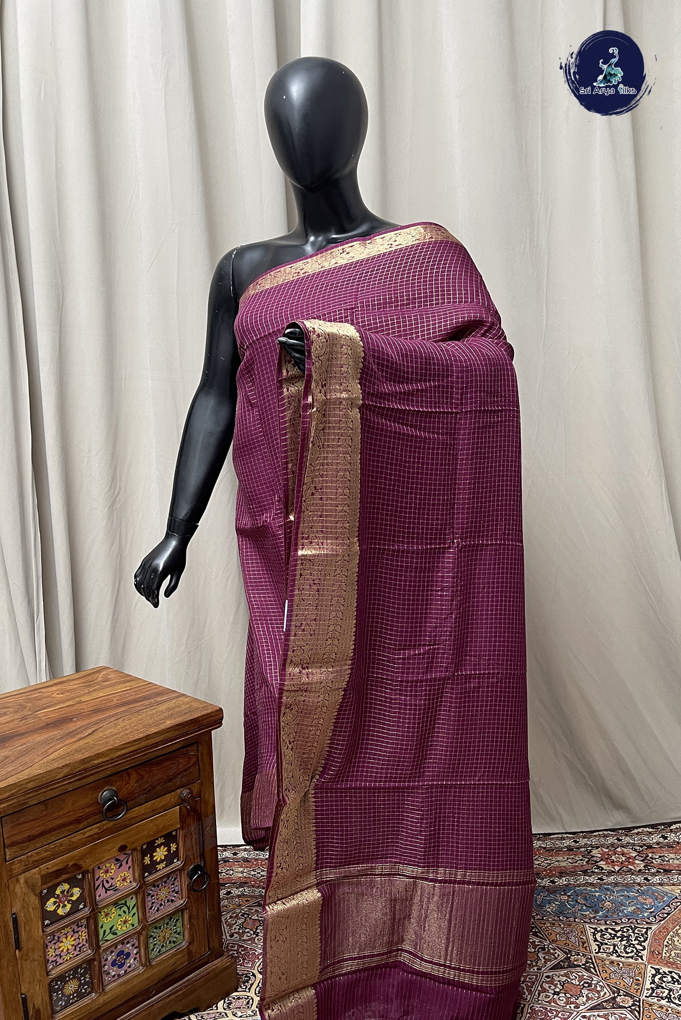 Burgundy Semi Banarasi Saree With Zari Checked Pattern
