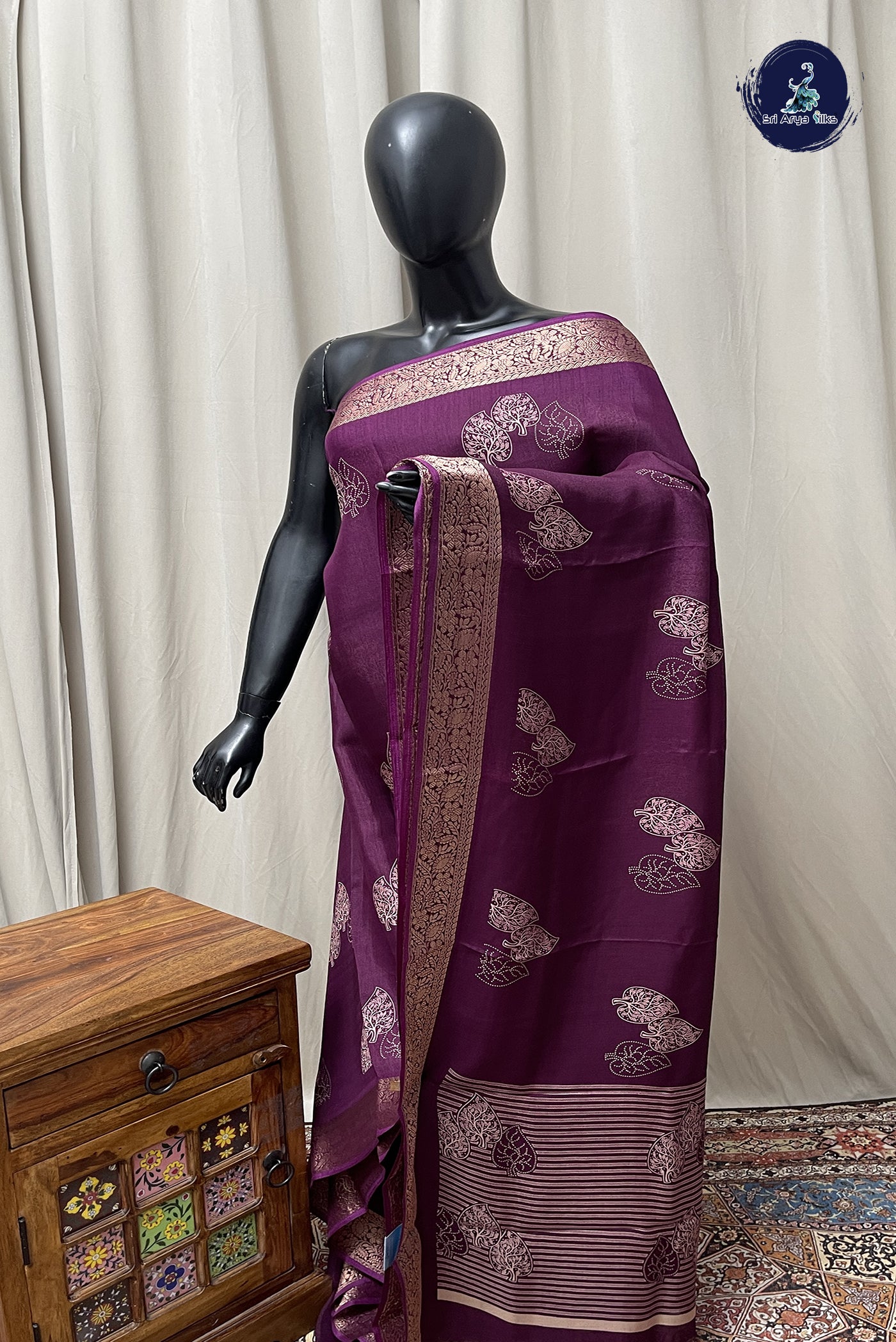 Burgundy Semi Crepe Silk Saree With Printed Pattern