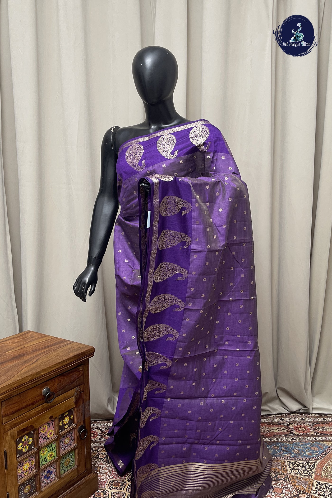 Violet Semi Tussar Saree With Zari Buttas Pattern