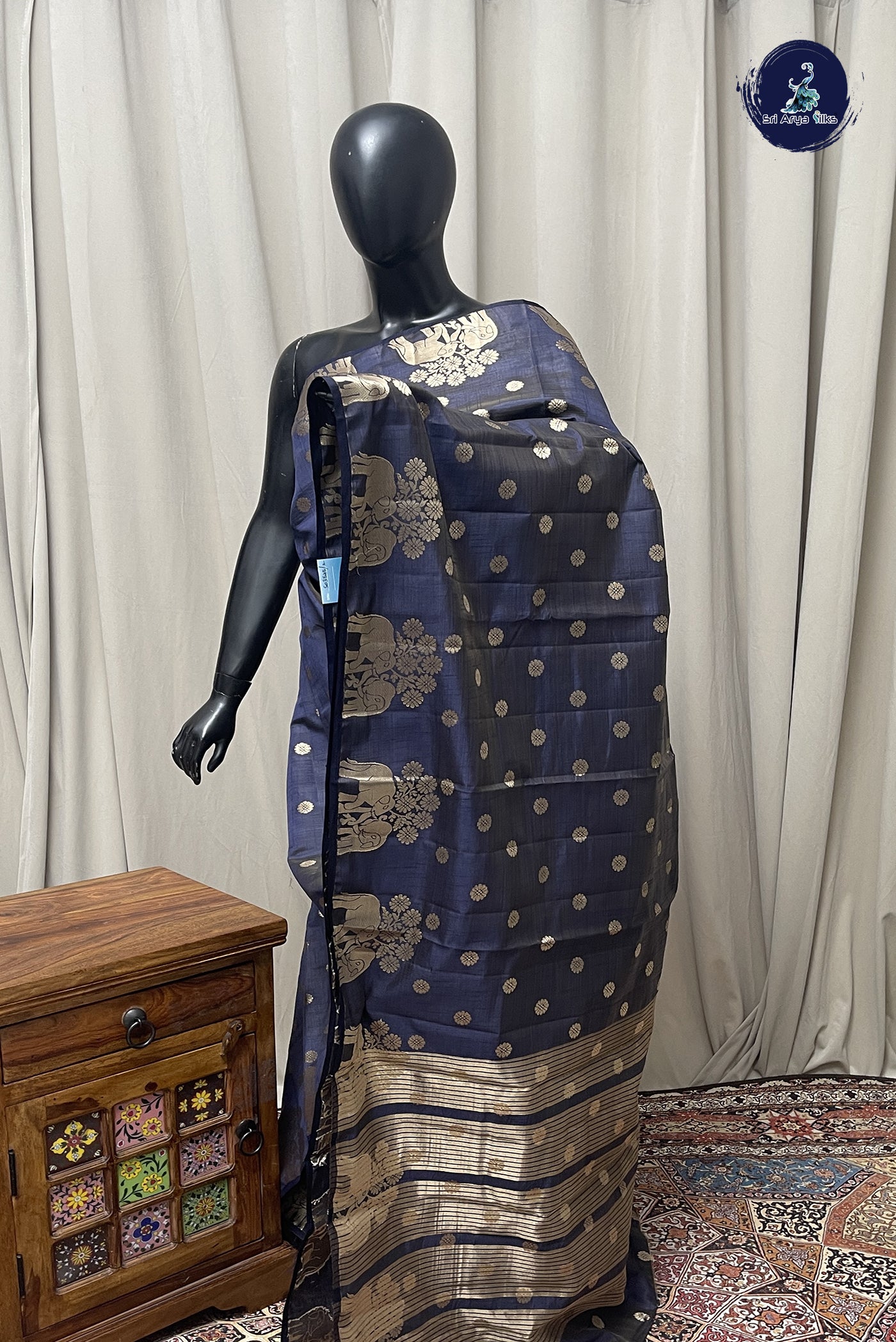 Dark Blue Semi Tussar Saree With Zari Buttas Pattern