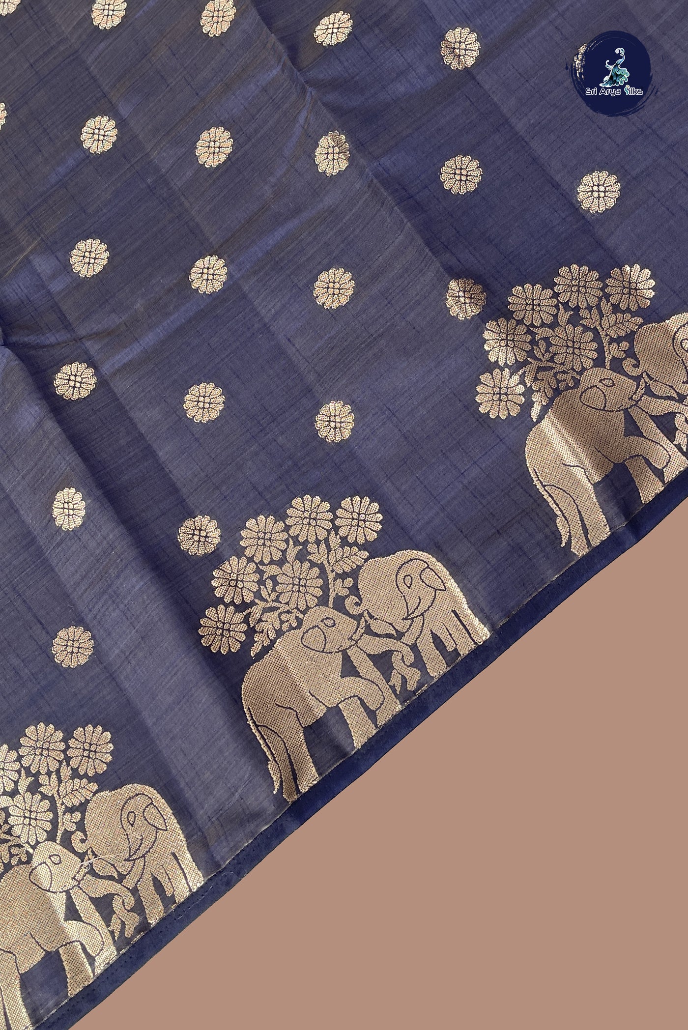 Dark Blue Semi Tussar Saree With Zari Buttas Pattern