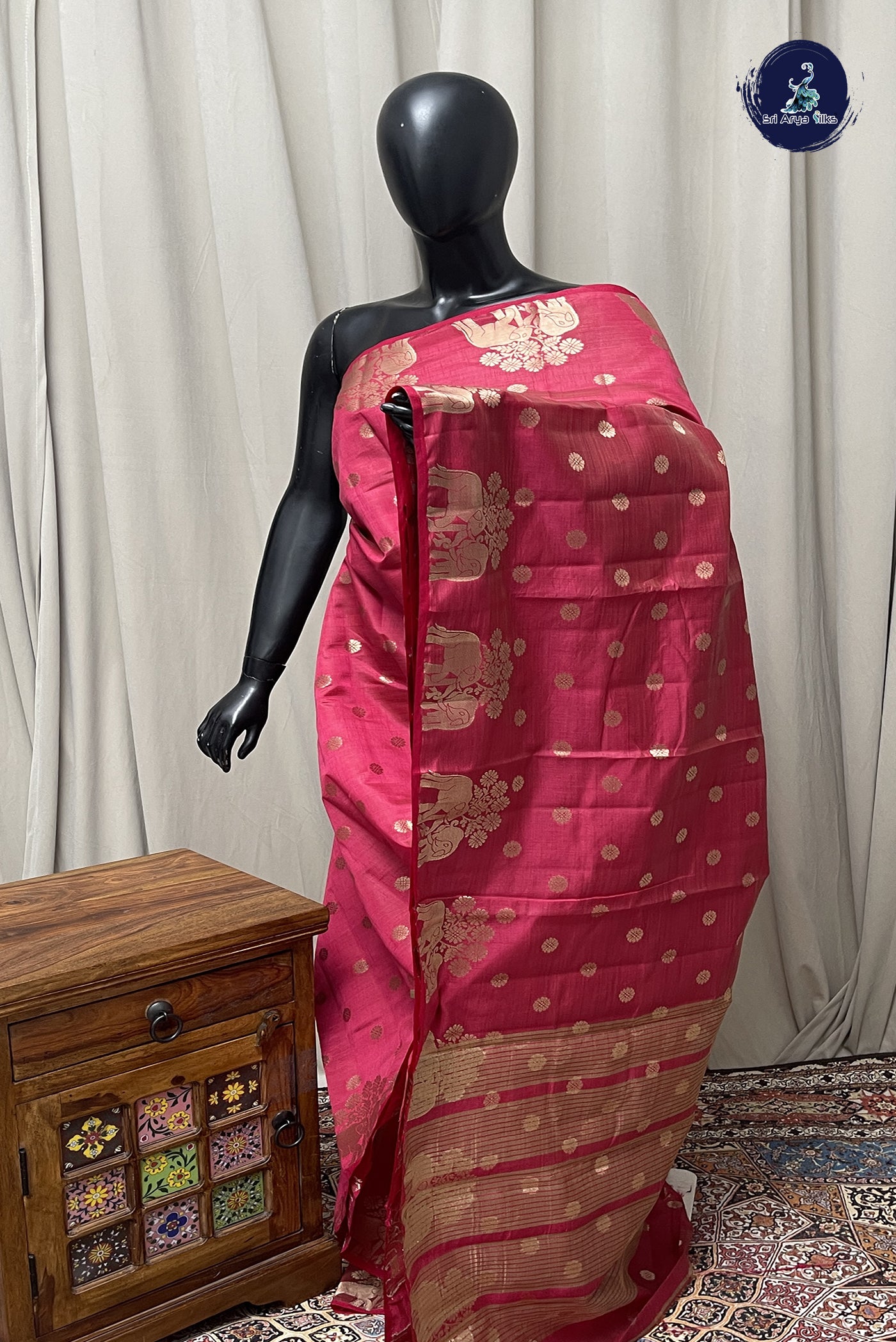 Dark Pink Semi Tussar Saree With Zari Buttas Pattern