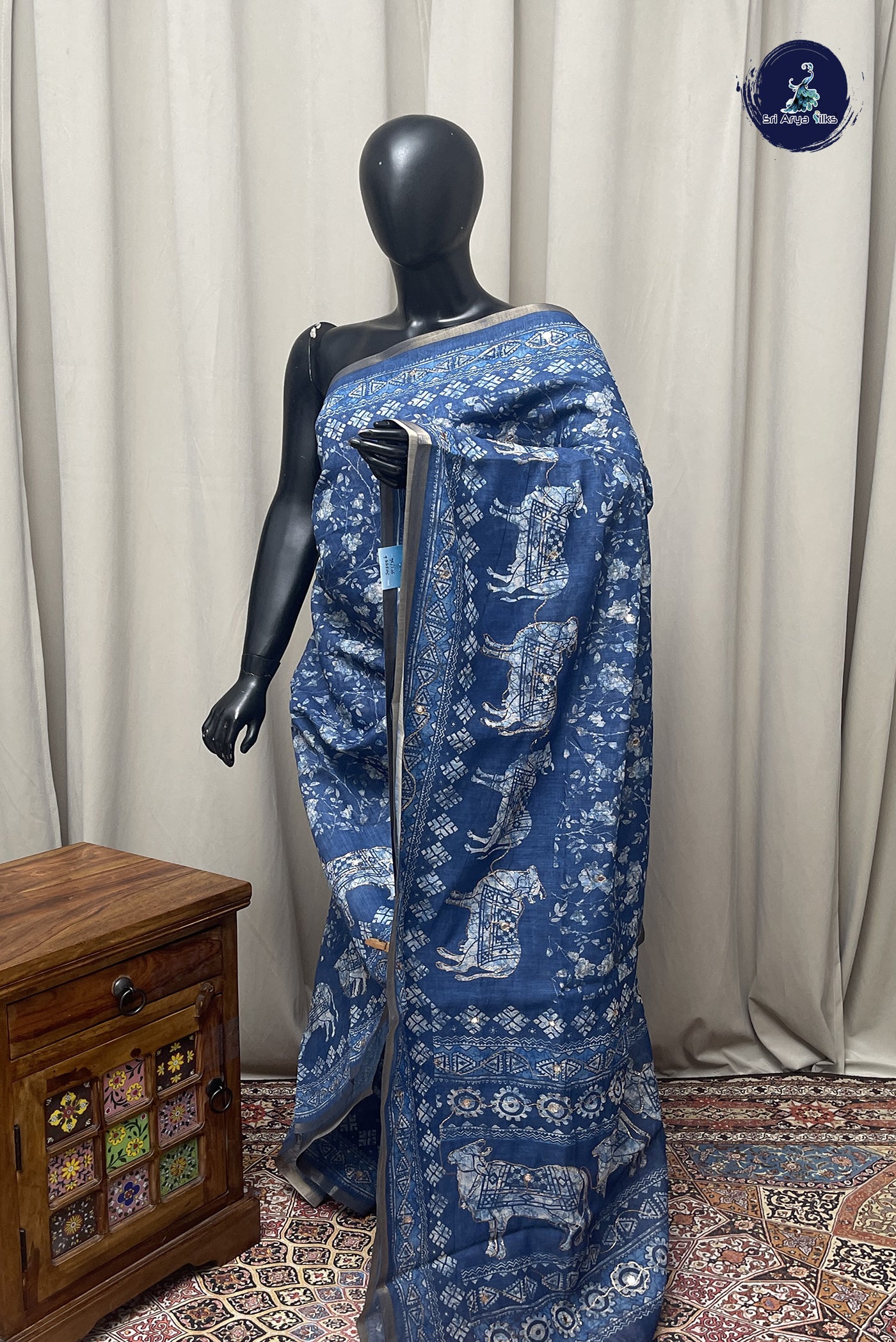 Blue Semi Chanderi Saree With Printed Pattern