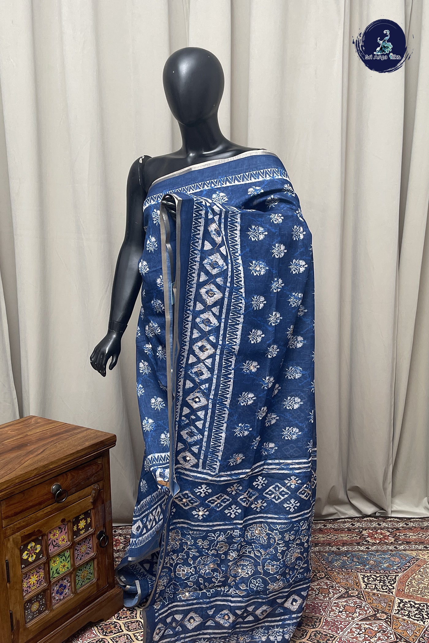 Blue Semi Chanderi Saree With Printed Pattern