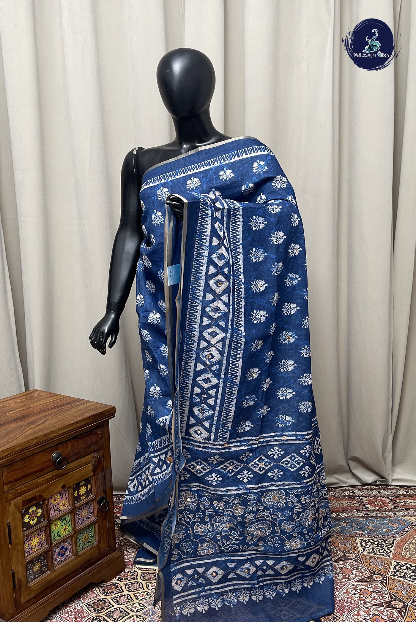 Blue Semi Chanderi Saree With Printed Pattern
