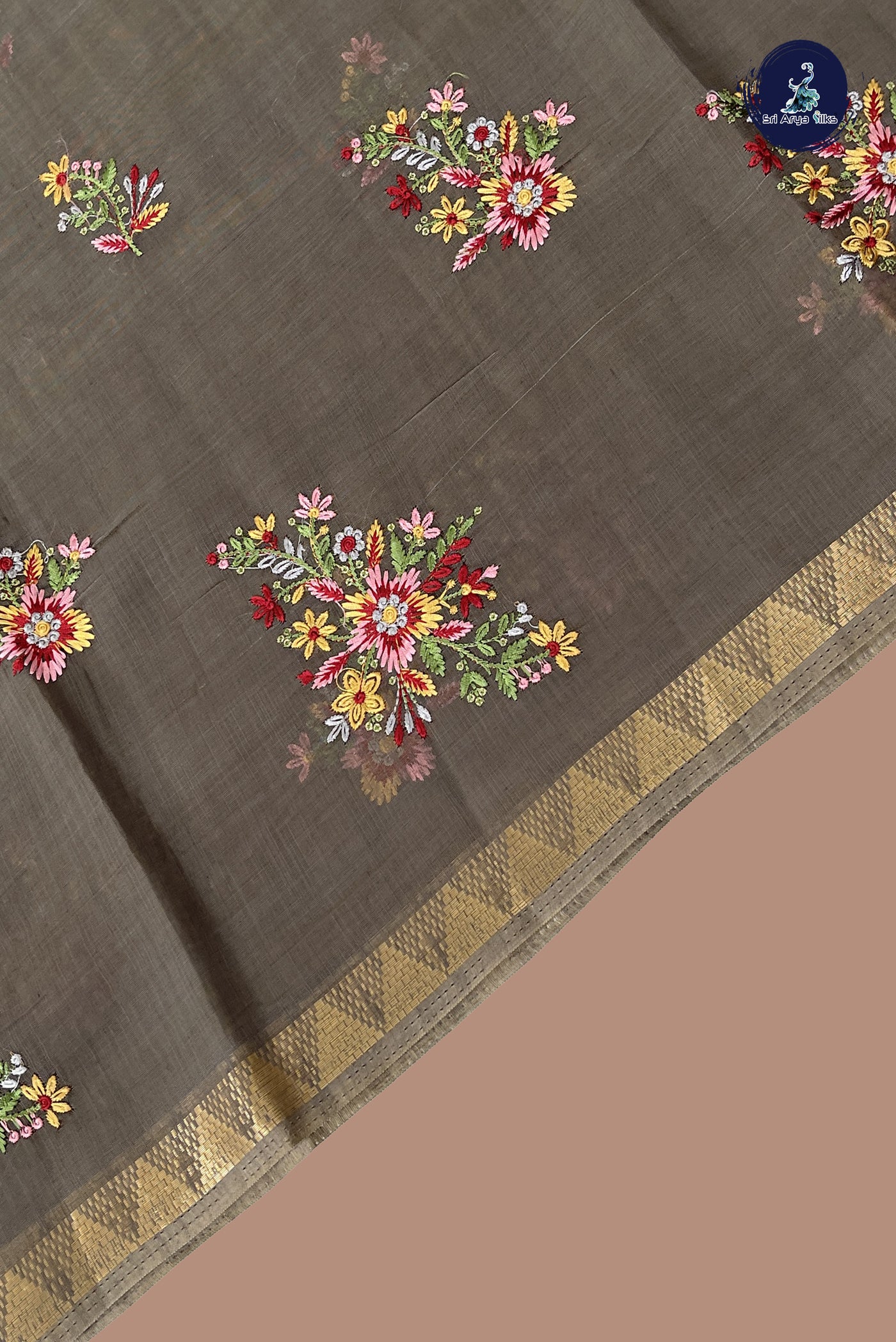 Greenish Grey Linen Saree With Embroidery Pattern