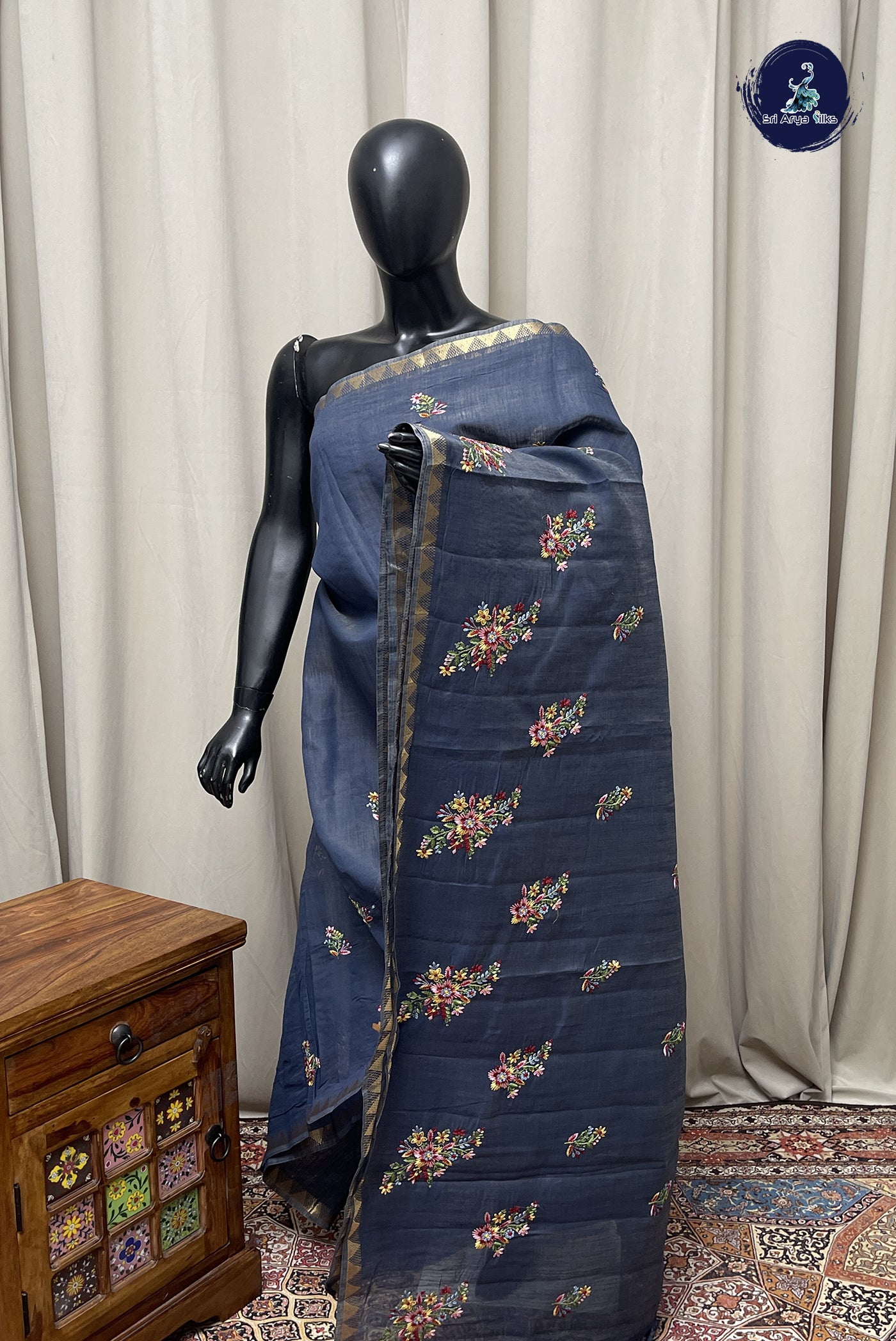Blue Linen Saree With Embroidery Pattern