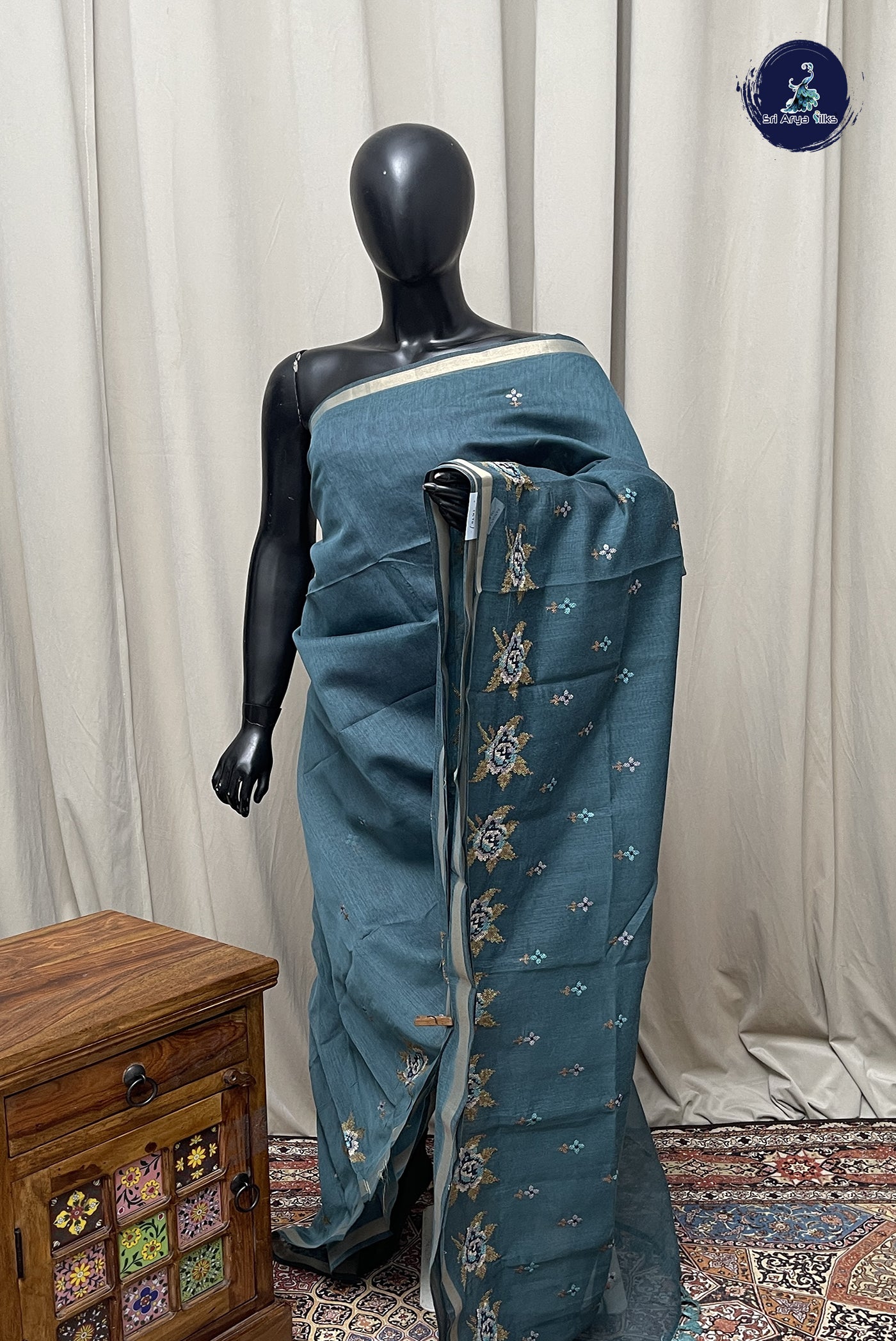 Teal Blue Semi Chanderi Saree With Embroidery Pattern