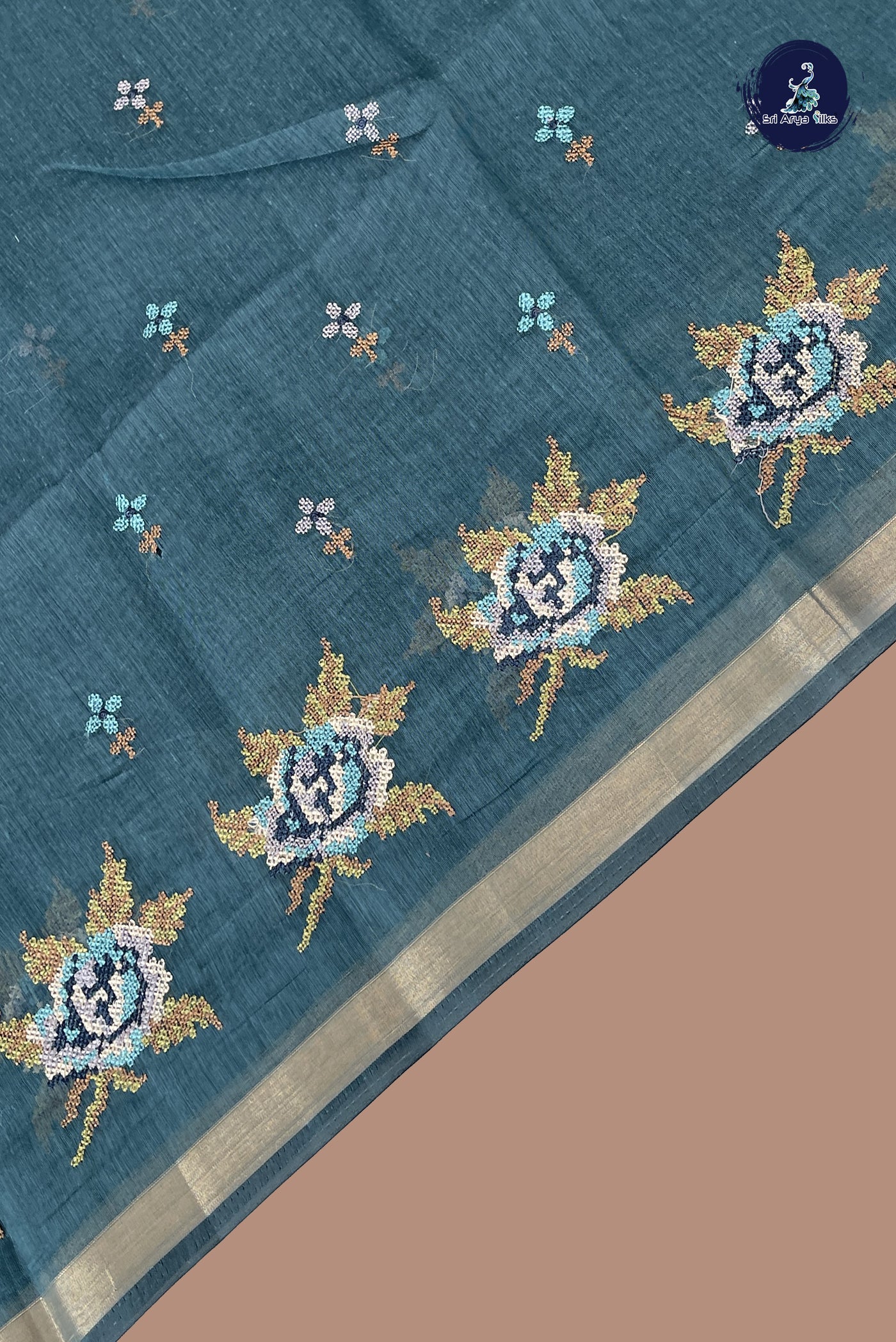 Teal Blue Semi Chanderi Saree With Embroidery Pattern