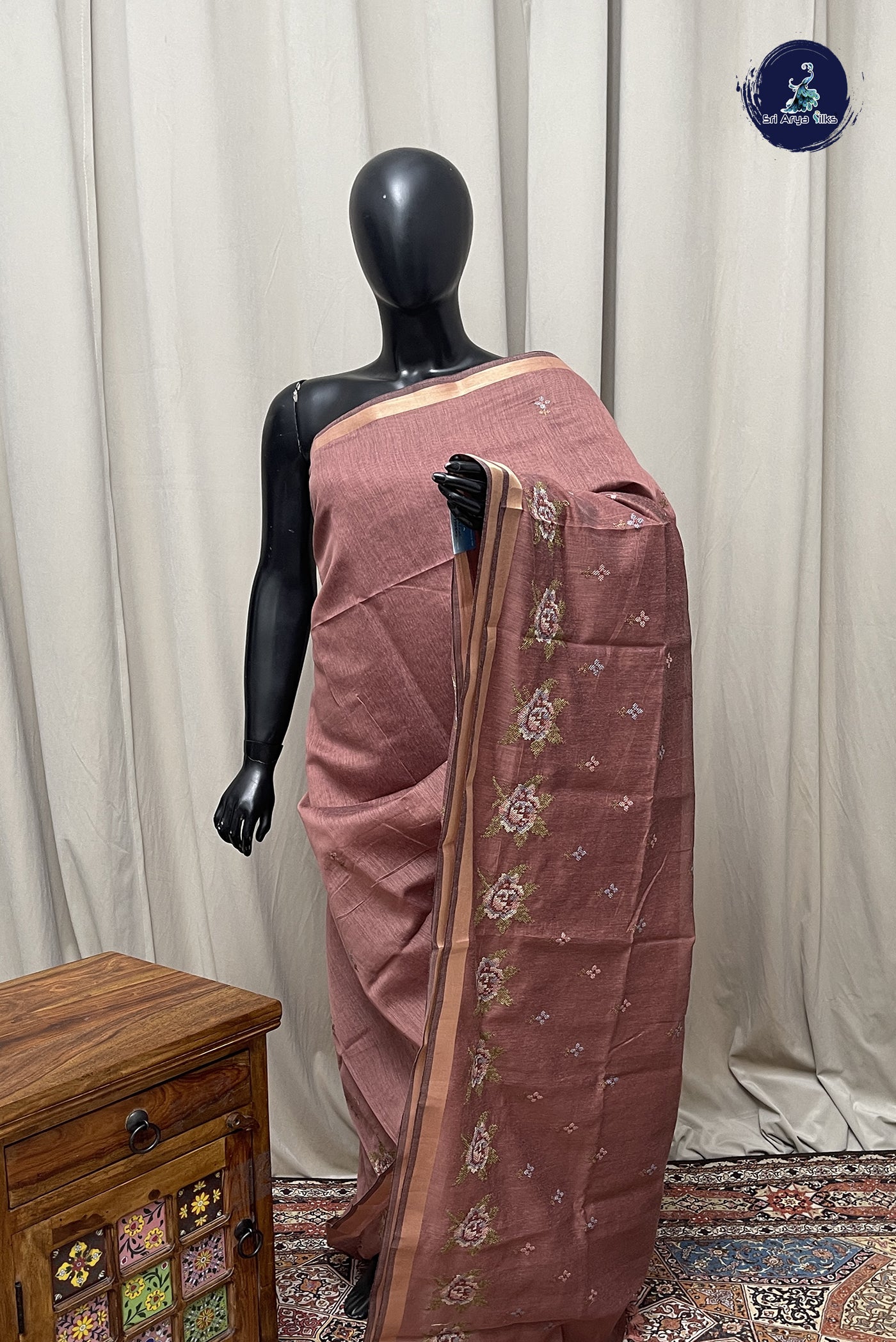 Light Brown Semi Chanderi Saree With Embroidery Pattern