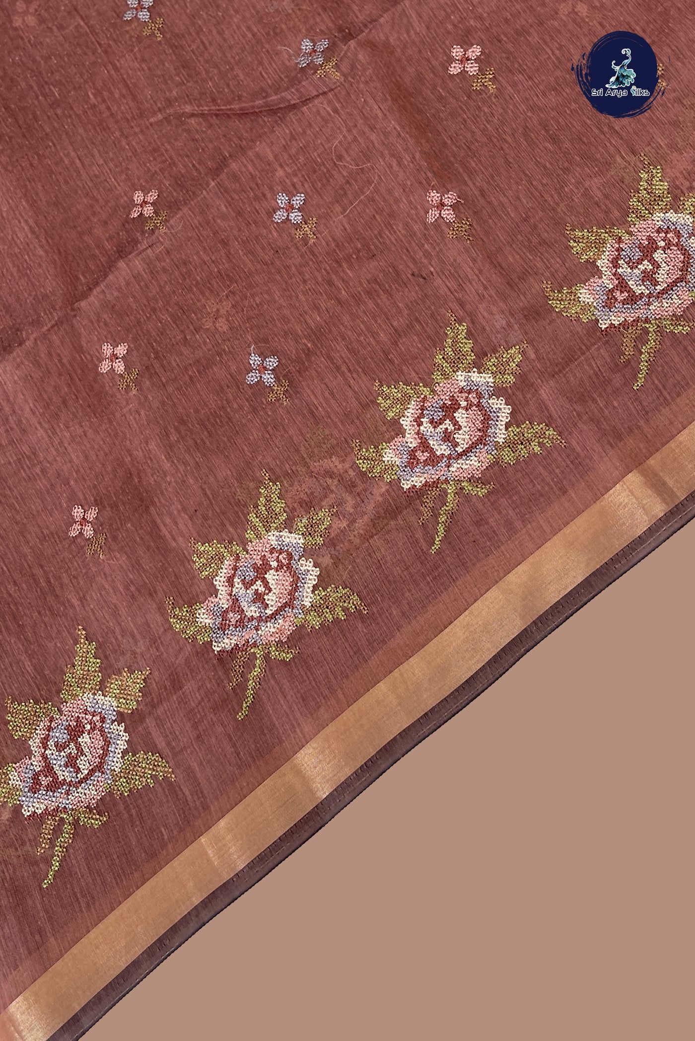 Light Brown Semi Chanderi Saree With Embroidery Pattern