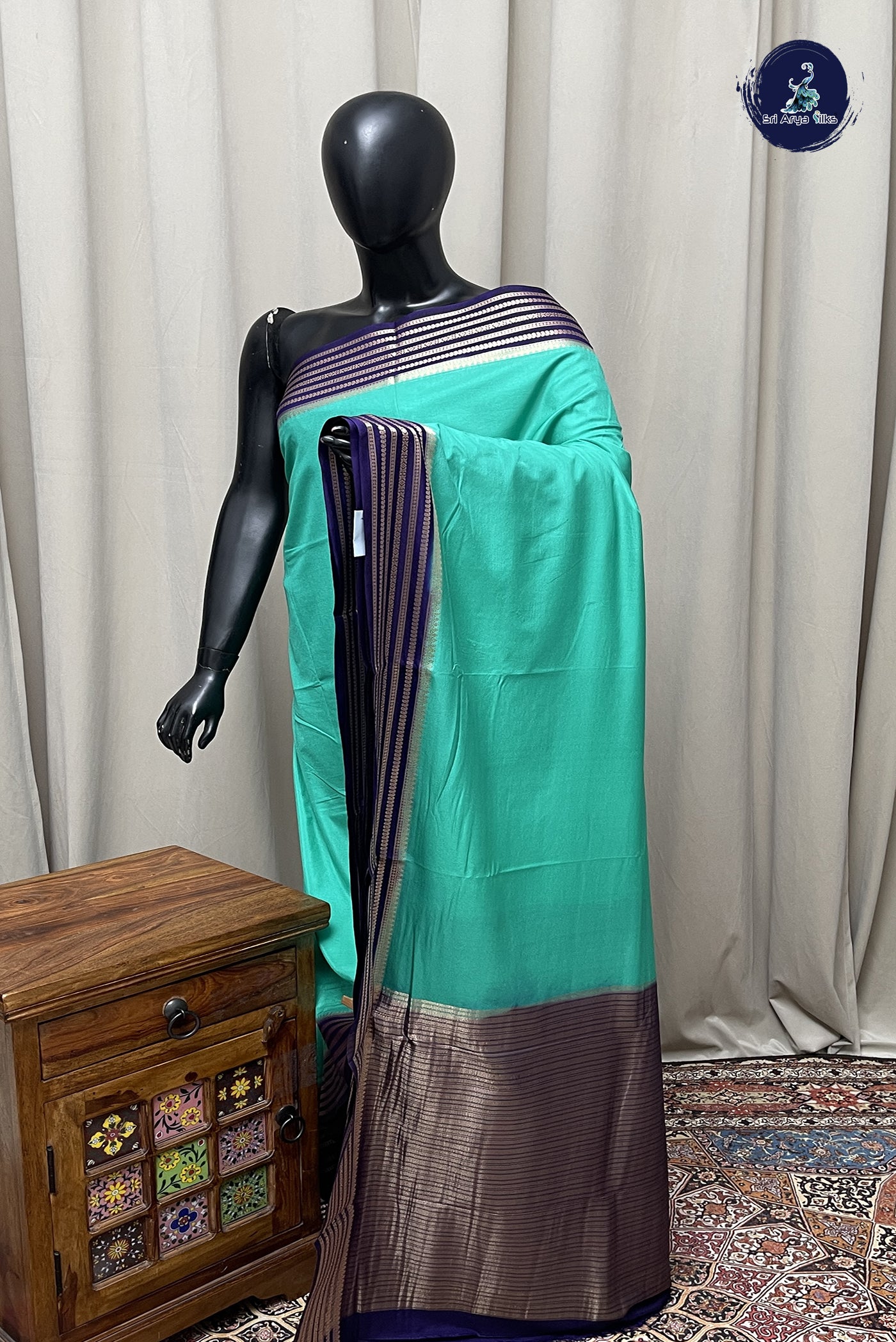 Teal Semi Mysore Silk With Plain Pattern