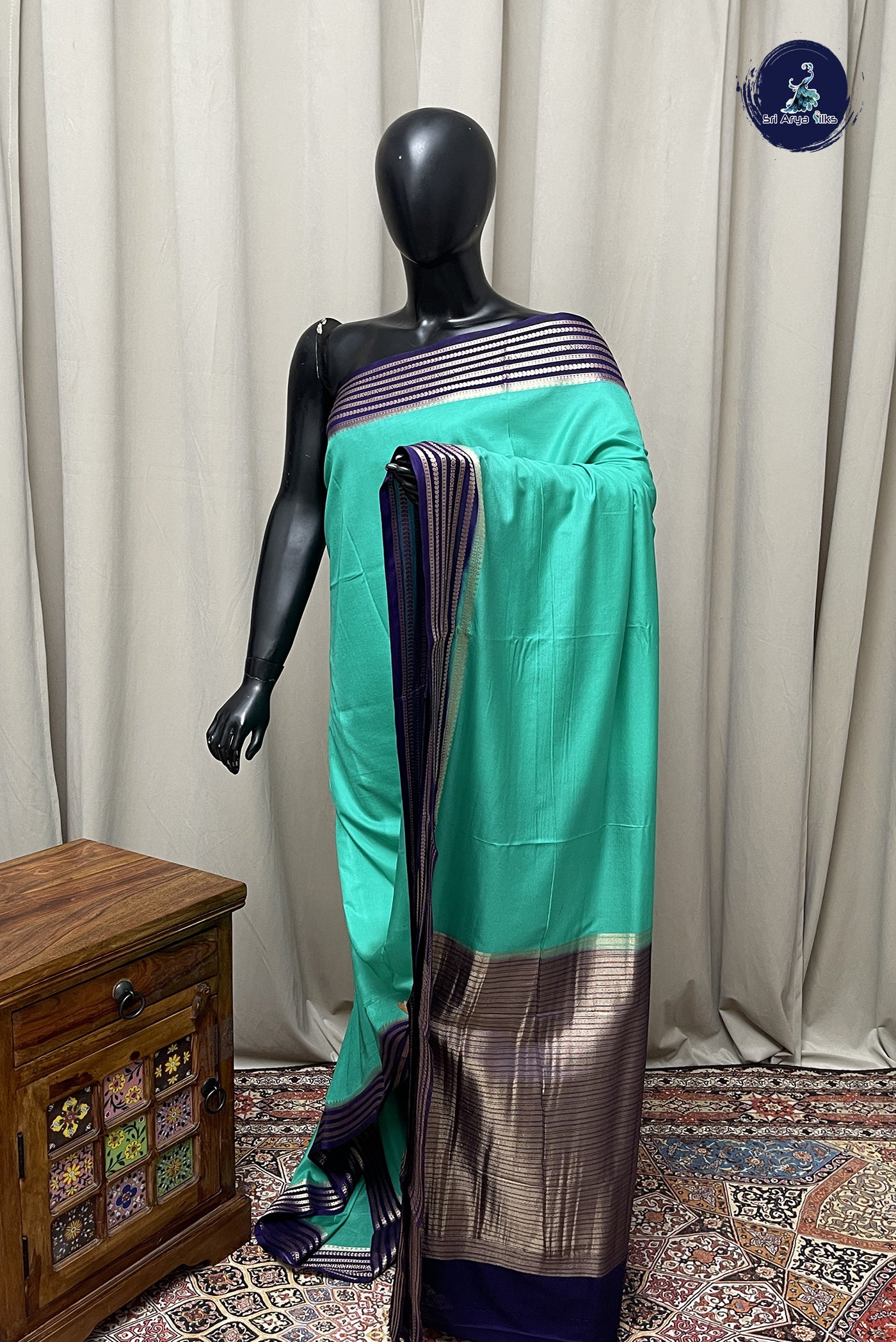 Teal Semi Mysore Silk With Plain Pattern
