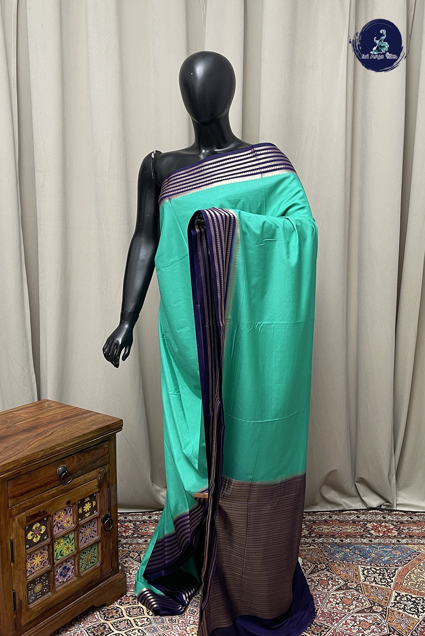 Teal Semi Mysore Silk With Plain Pattern