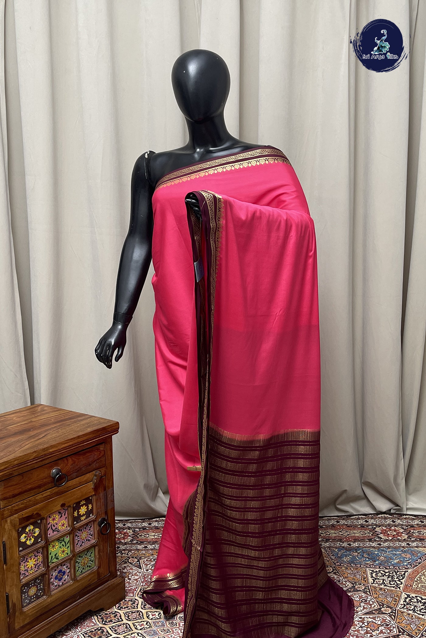 Dark Pink Semi Mysore Silk With Plain Pattern
