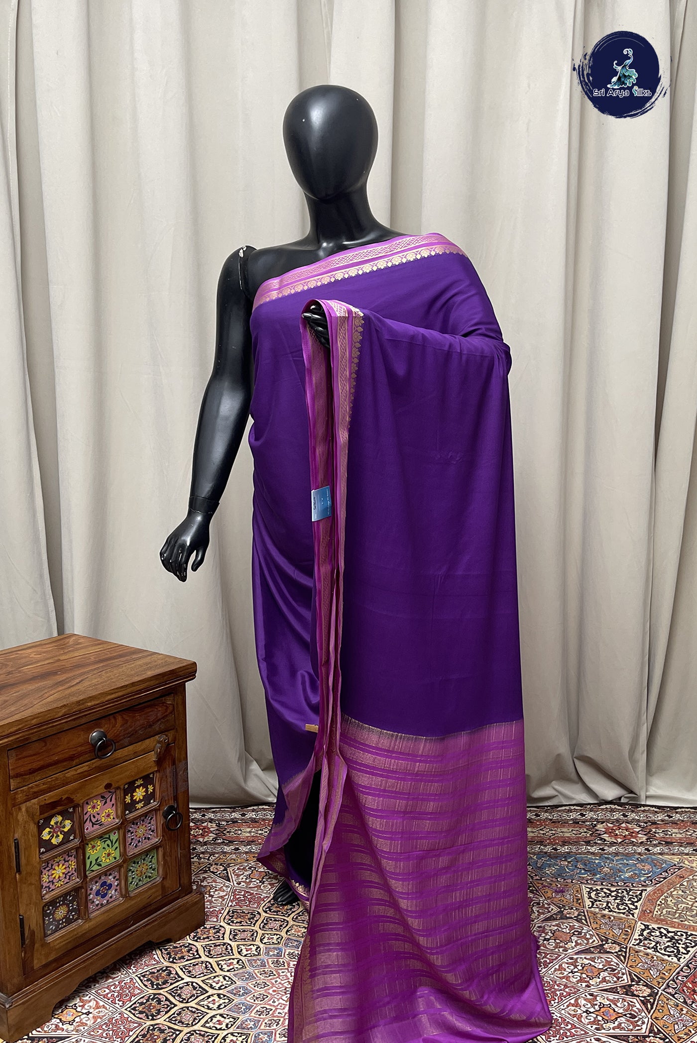 Dark Brinjal Semi Mysore Silk With Plain Pattern