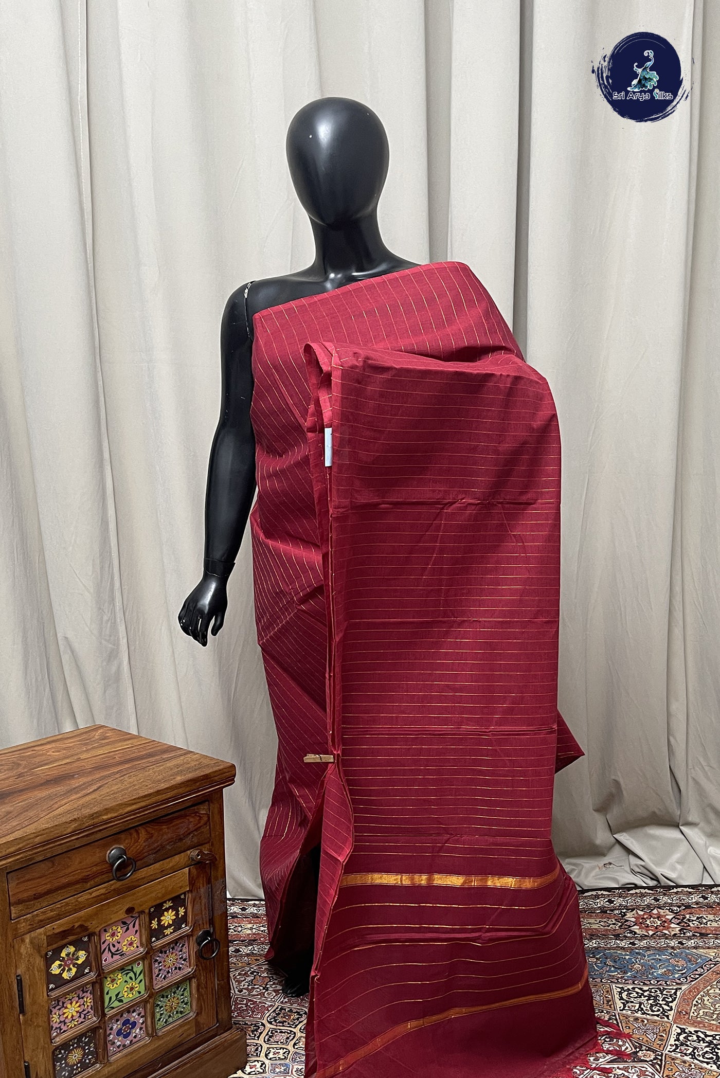 Maroon Kanchi Cotton Saree With Stripes Pattern