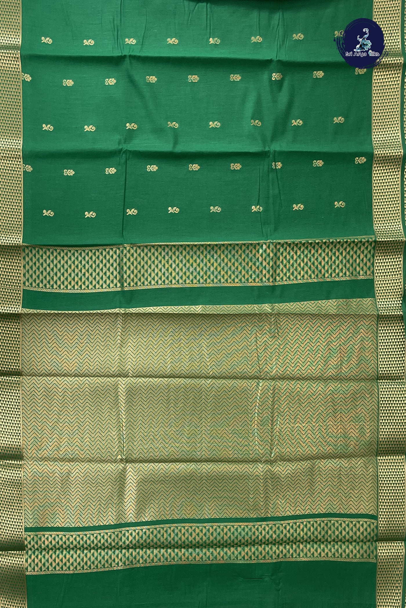 Dark Green Budget Semi Silk Cotton Saree With Zari Buttas Pattern