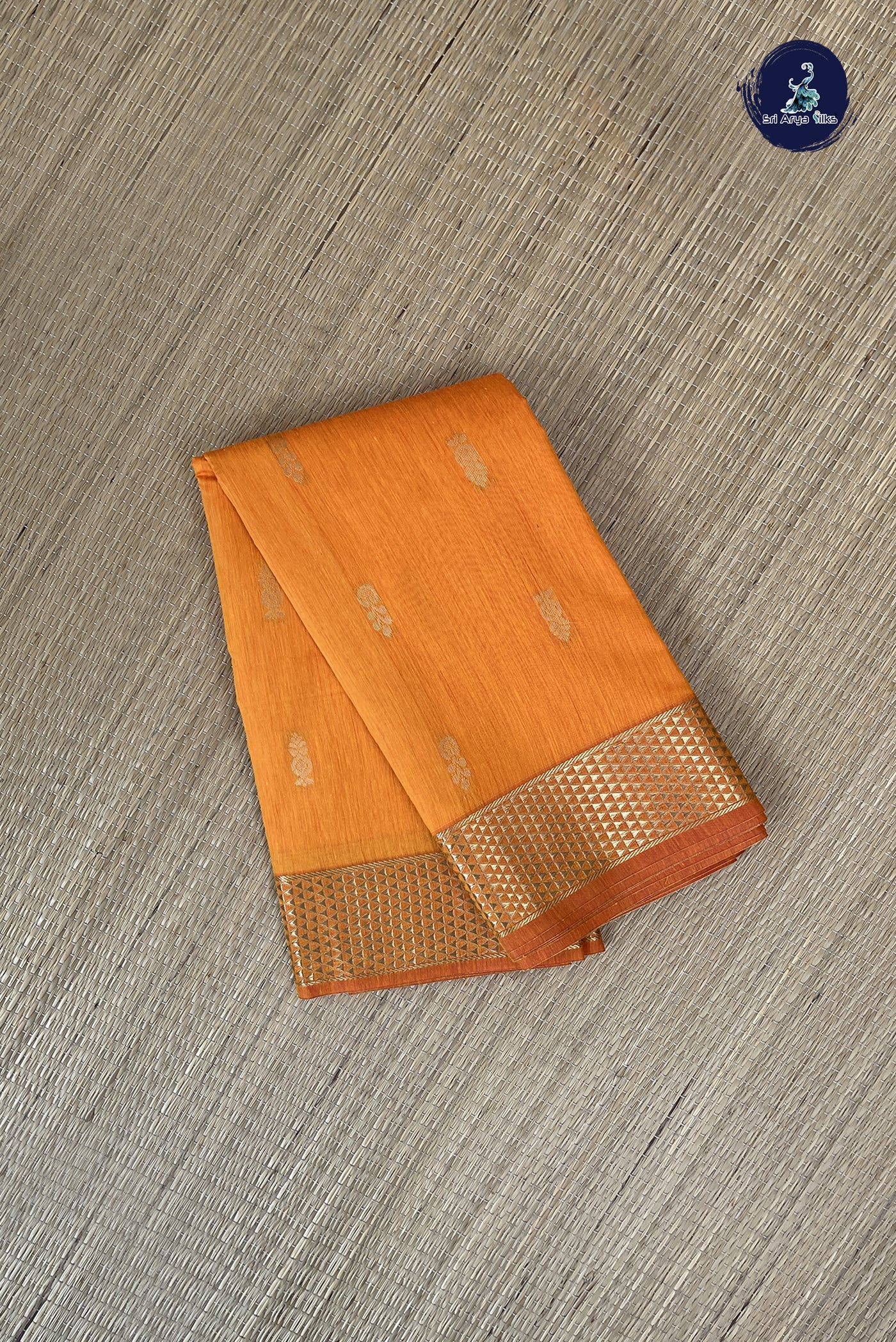 Yellowish Orange Budget Semi Silk Cotton Saree With Zari Buttas Pattern